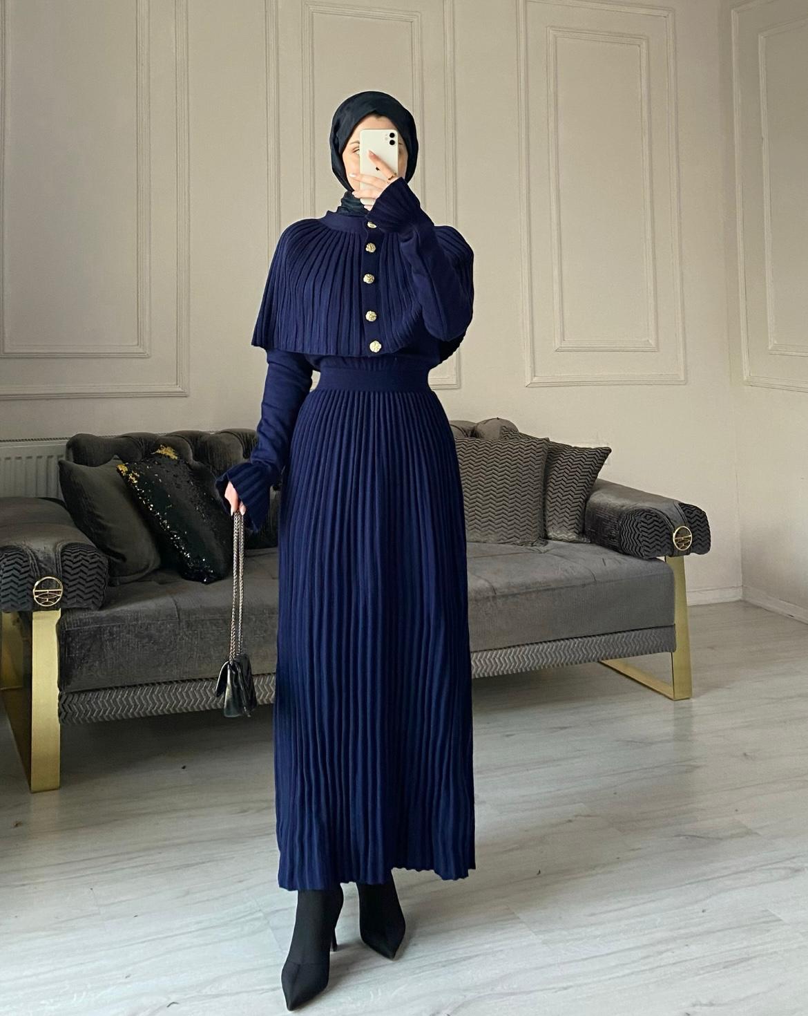 Seyran Kelebek Piliseli Elbise - Lacivert