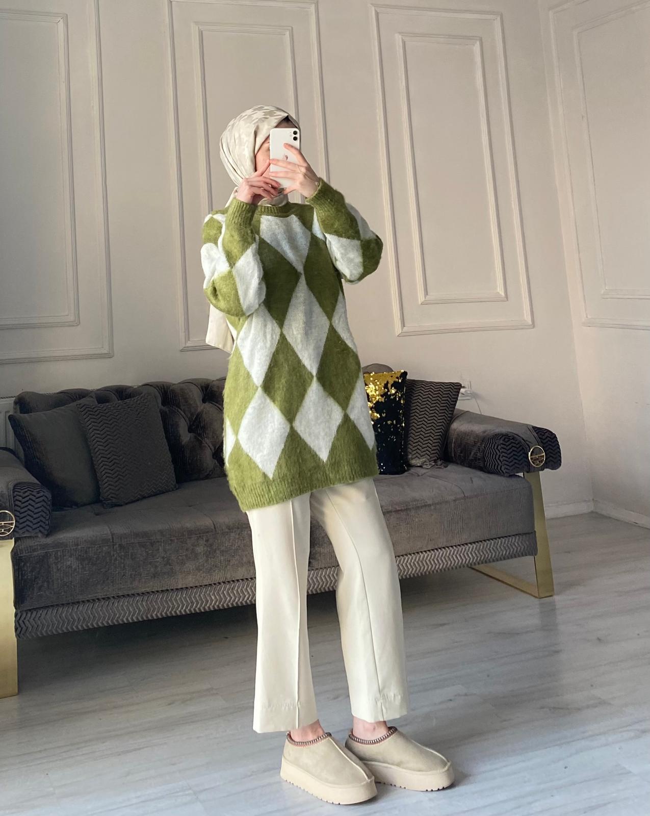 Baklava Desen Premium Kalite Kazak - Haki