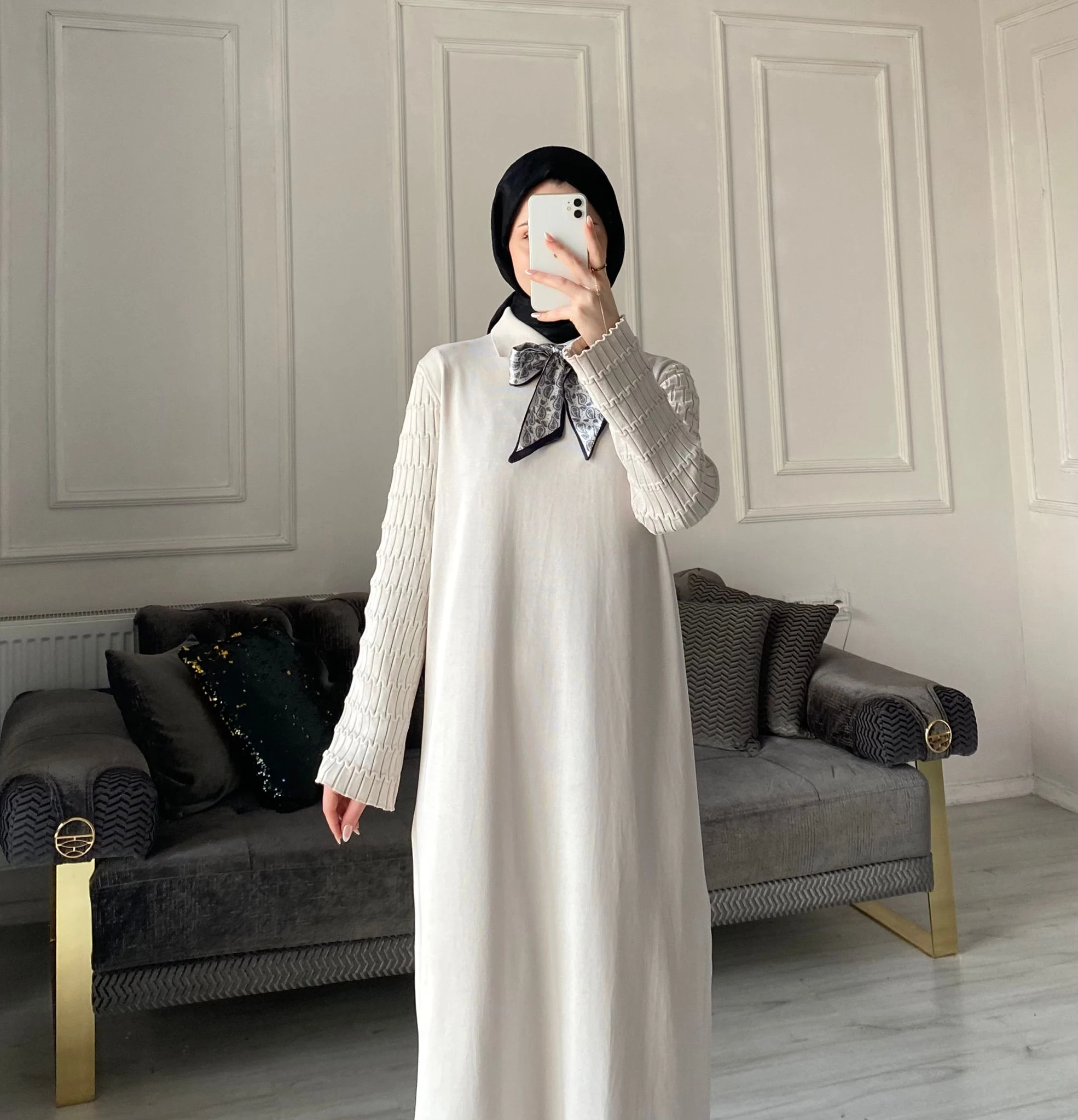 Lima Fular Detaylı Elbise - Taş