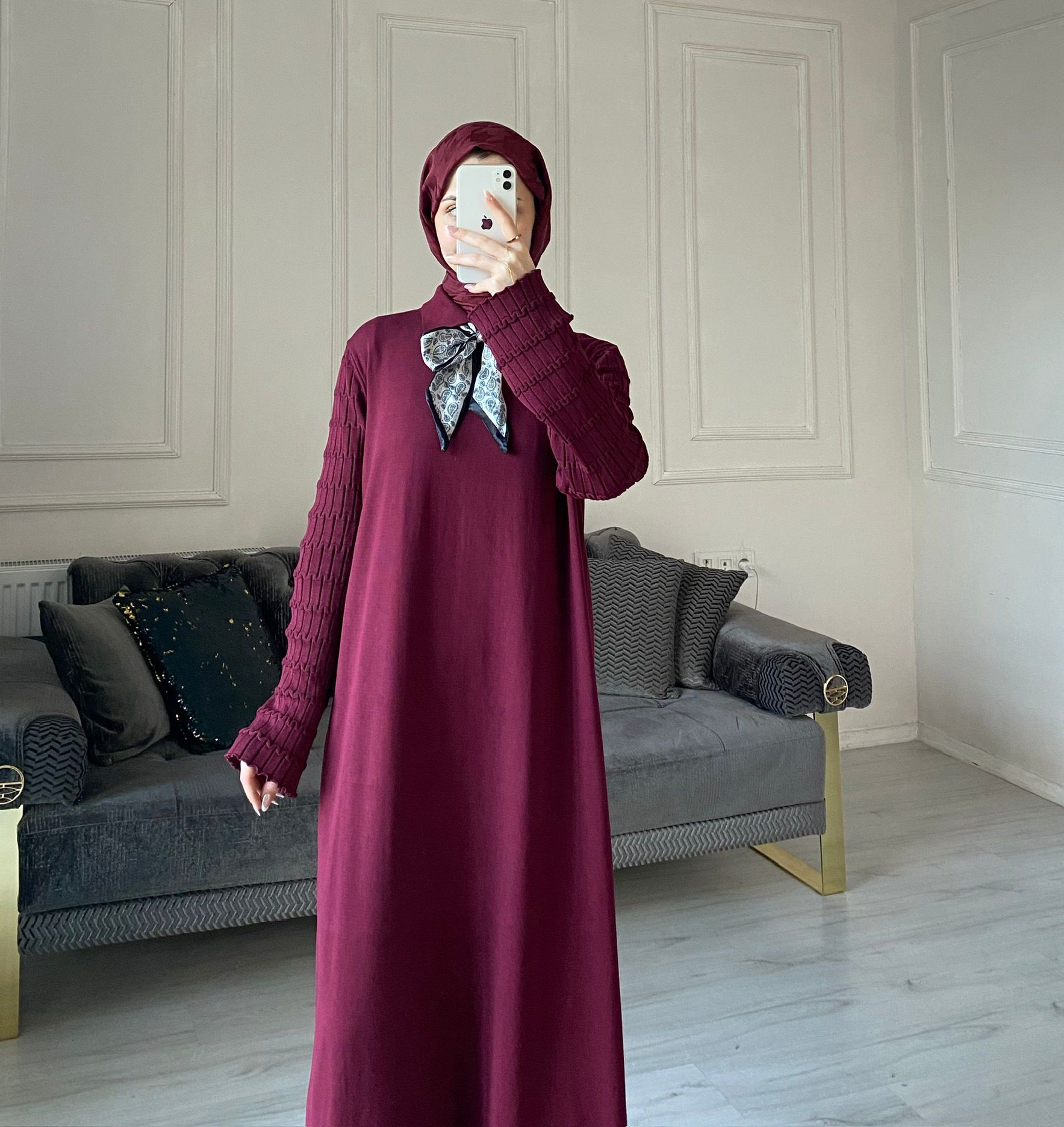 Lima Fular Detaylı Elbise - Bordo