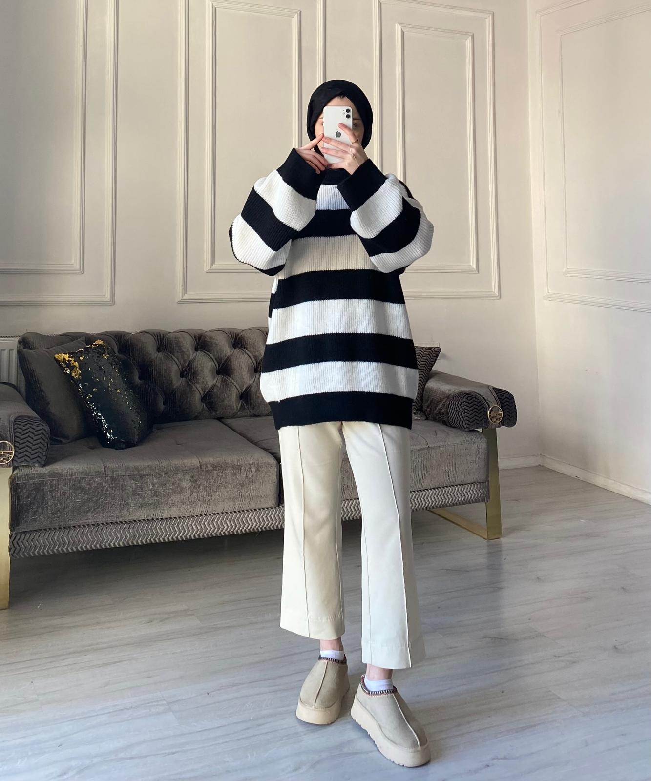 Lola Çizgili Kazak - Siyah