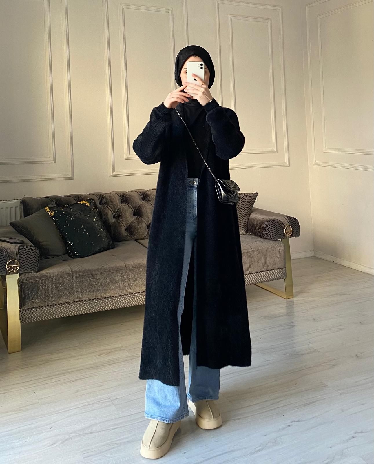 Angora Uzun Hırka - Siyah