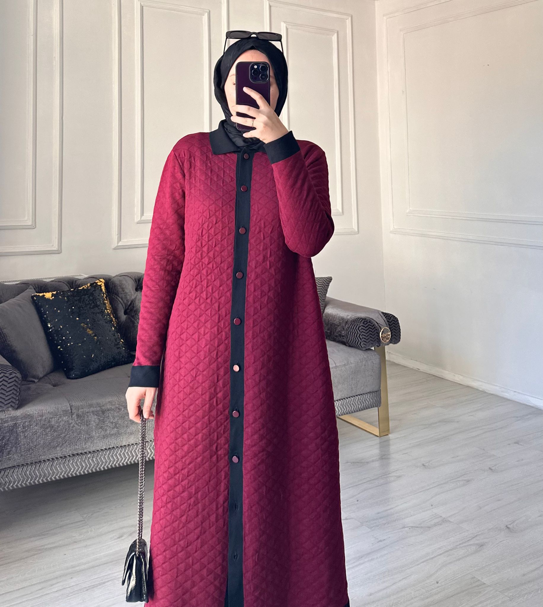 Kapitone Merserize Uzun Hırka - Bordo