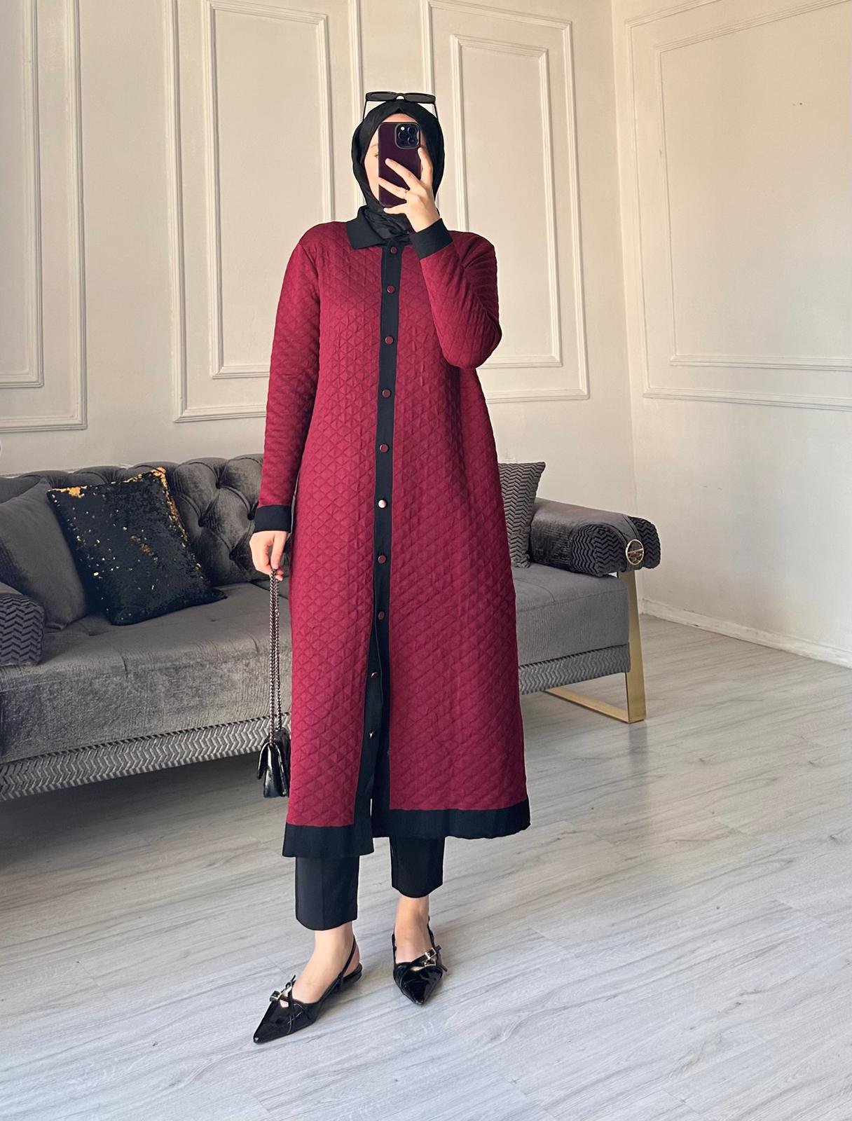 Kapitone Merserize Uzun Hırka - Bordo