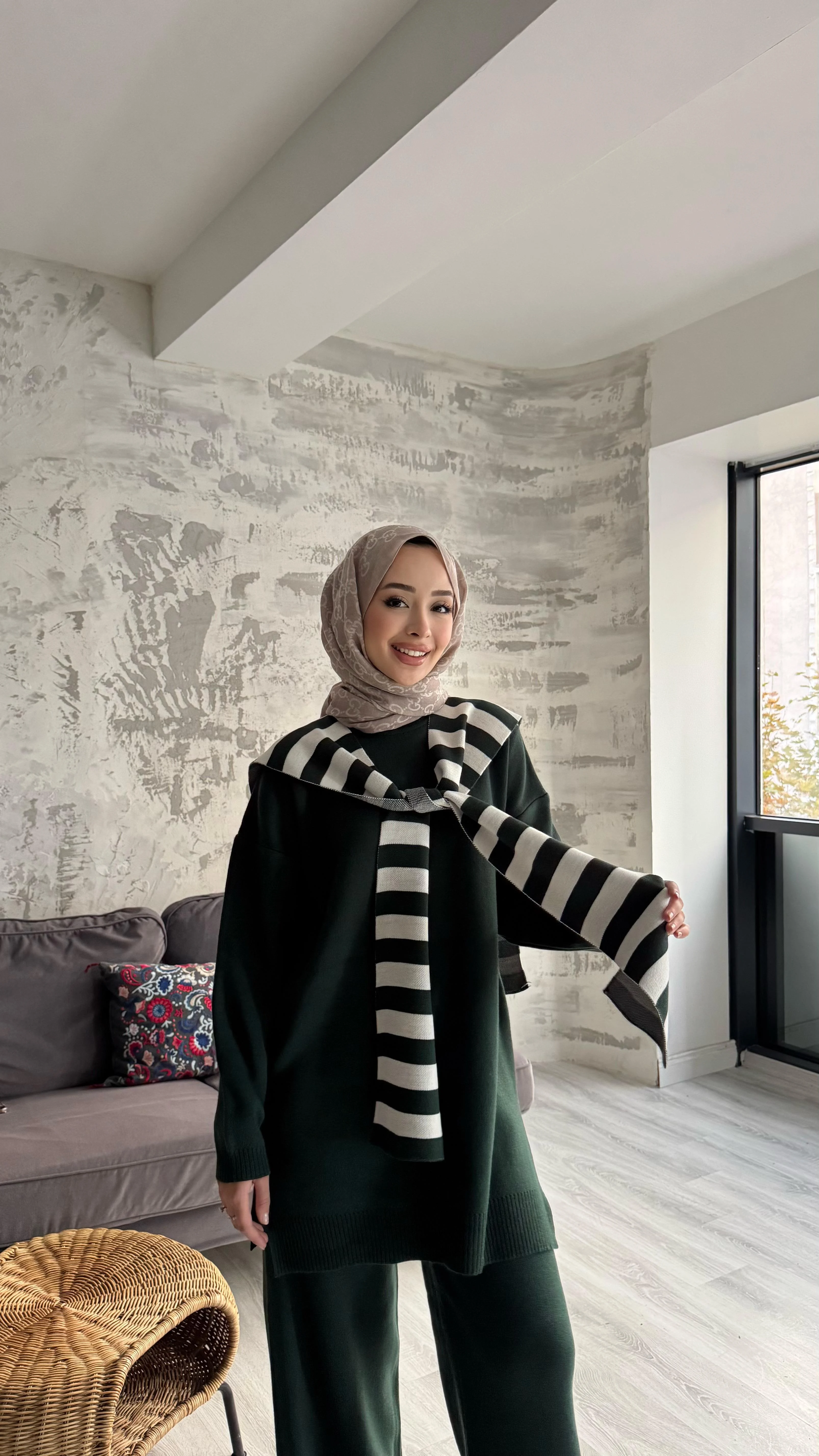 Atkılı Triko Üçlü Takım - Zümrüt