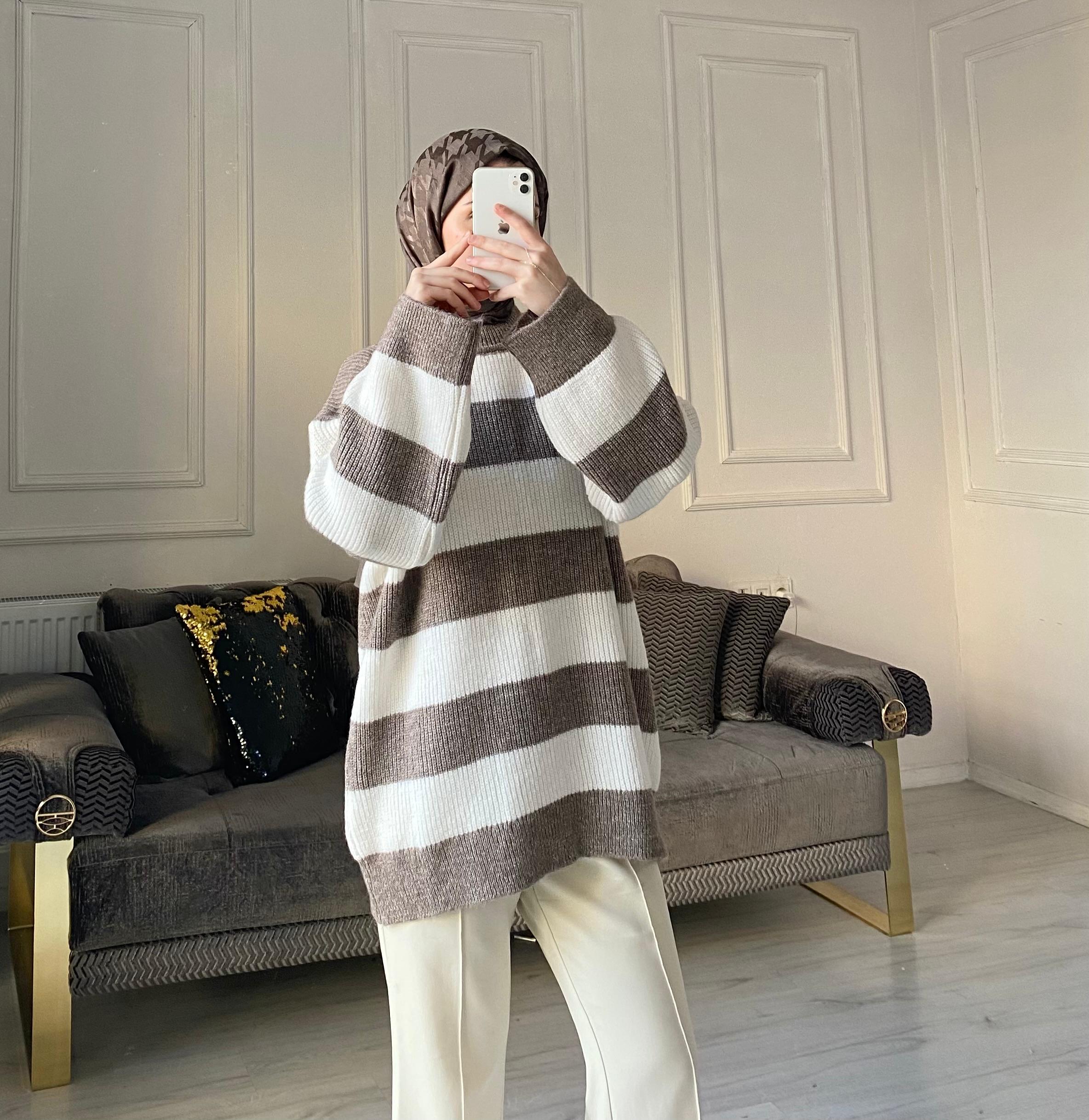 Lola Çizgili Kazak - Vizon