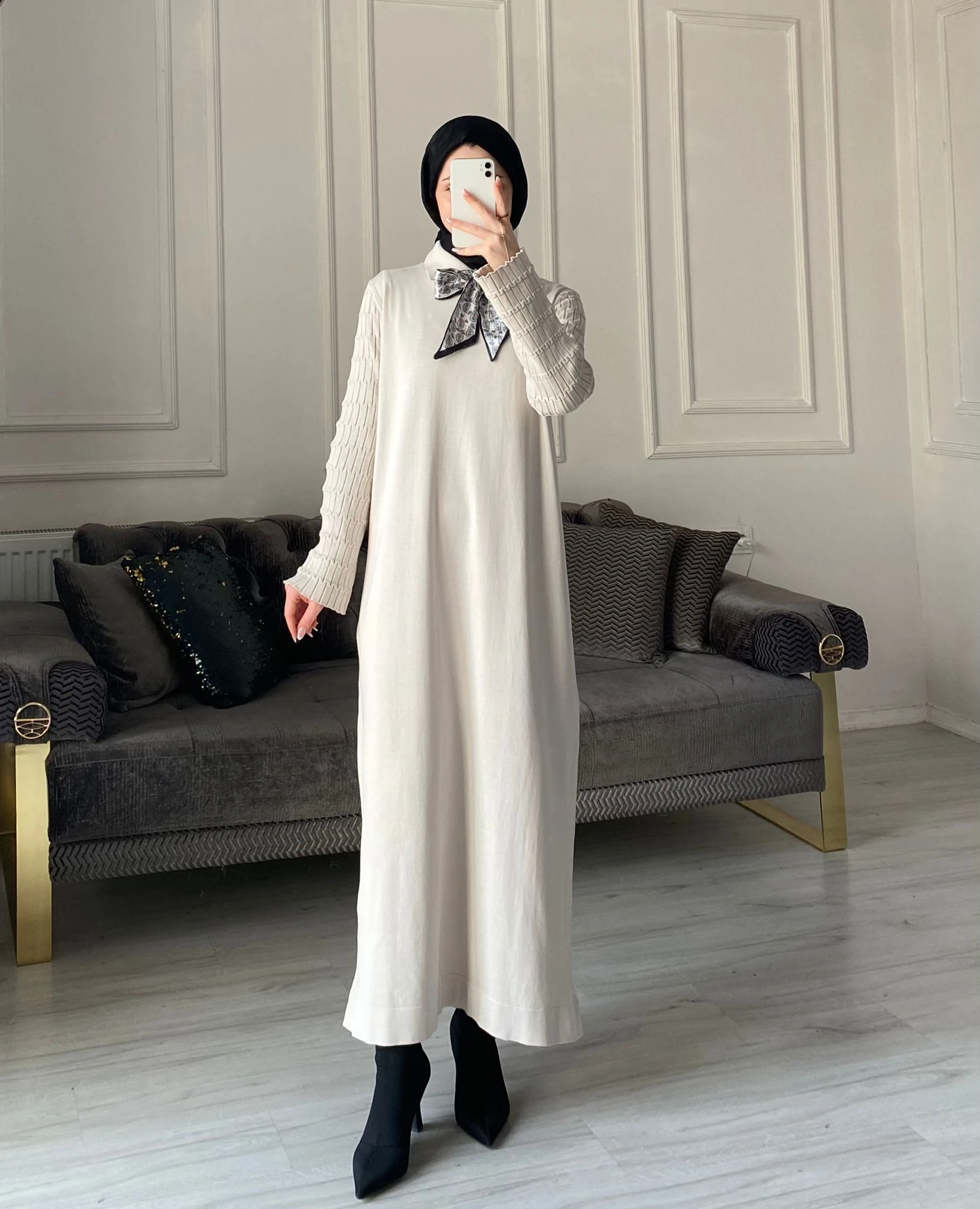 Lima Fular Detaylı Elbise - Taş