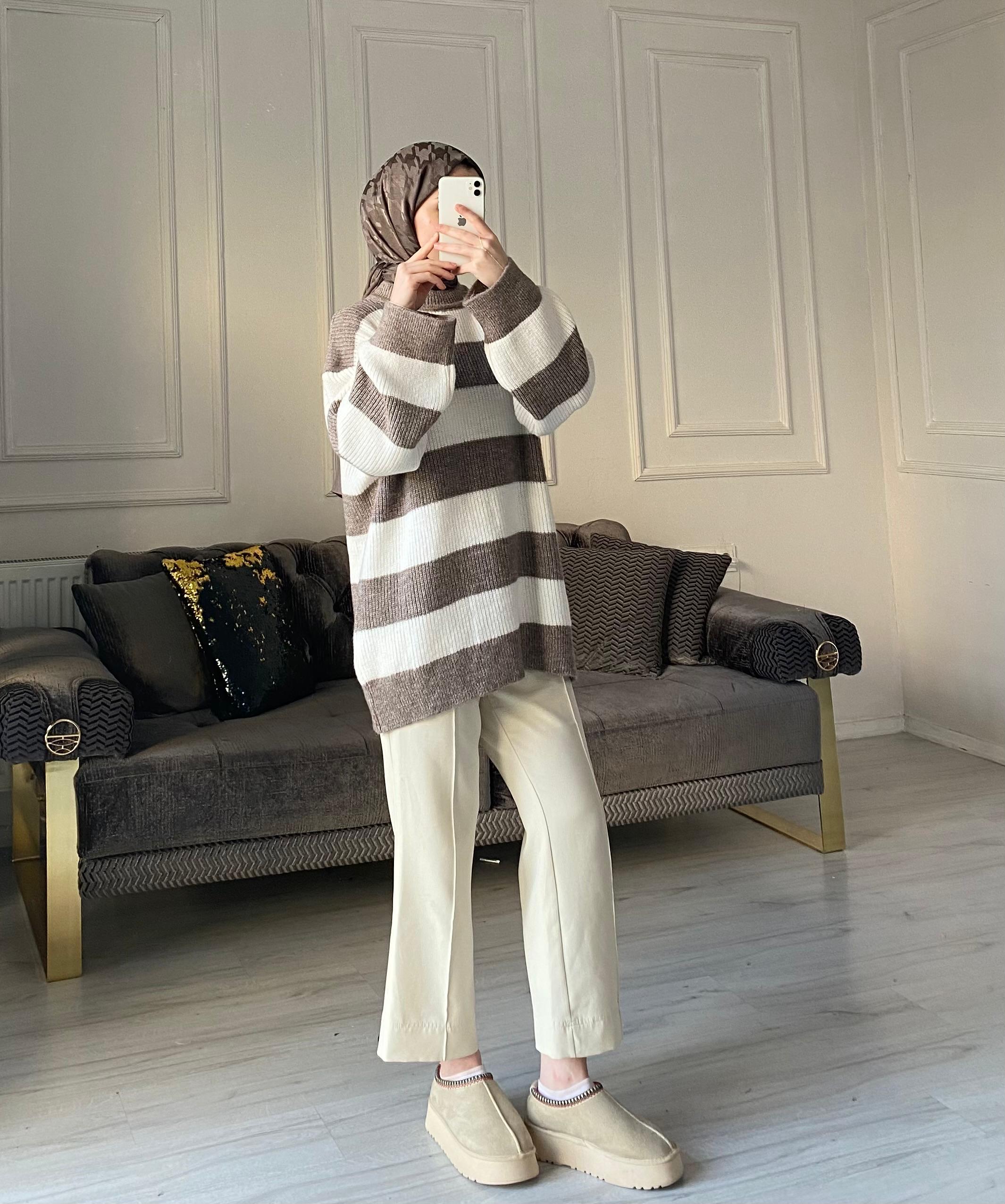 Lola Çizgili Kazak - Vizon