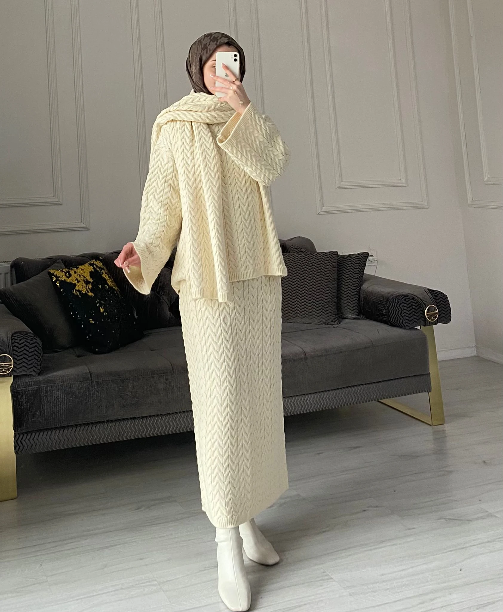 Kamilla Atkılı Triko Takım - Ekru