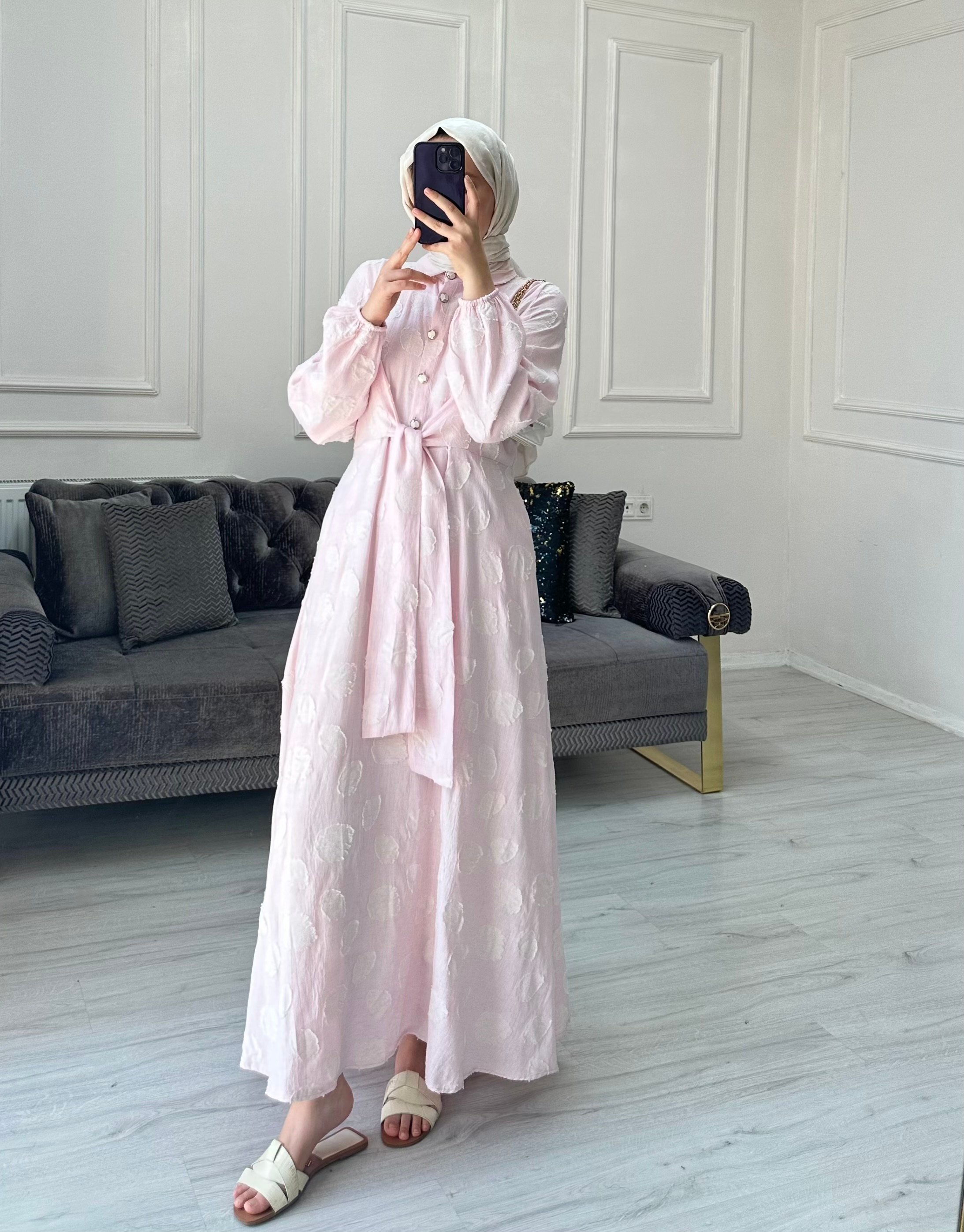 Özel Tasarım Keten Elbise - Pembe