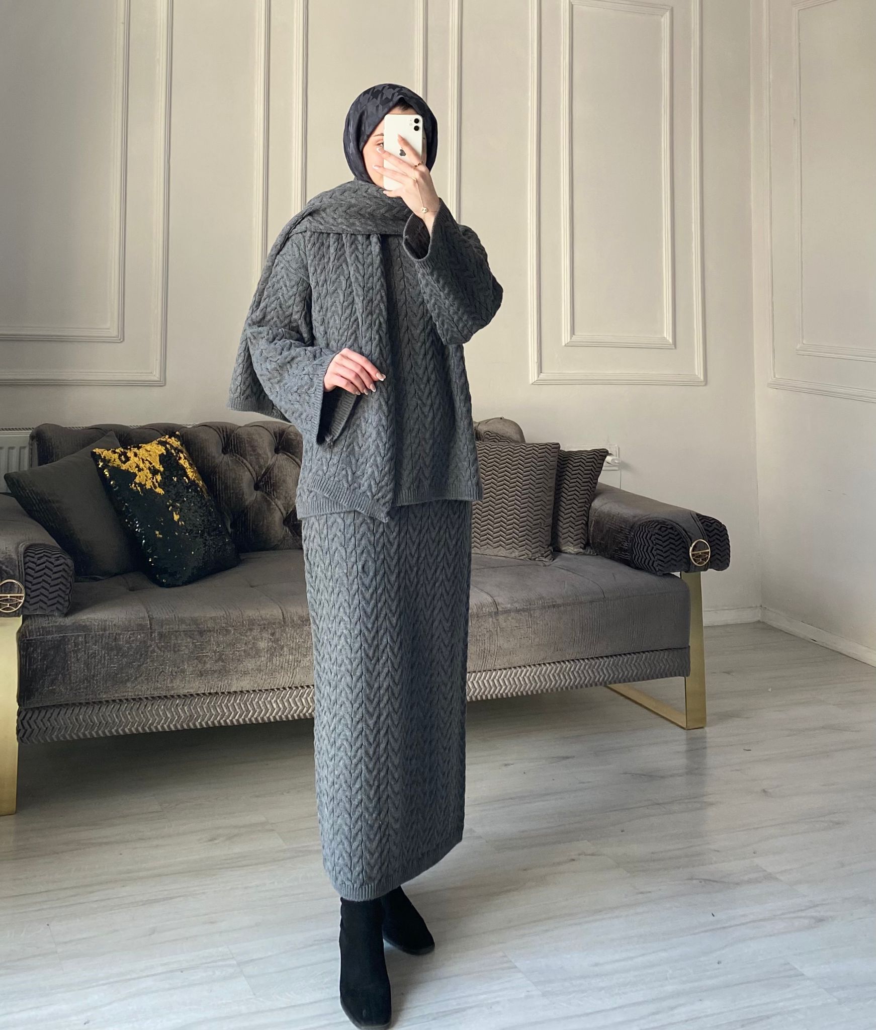 Kamilla Atkılı Triko Takım - Antrasit