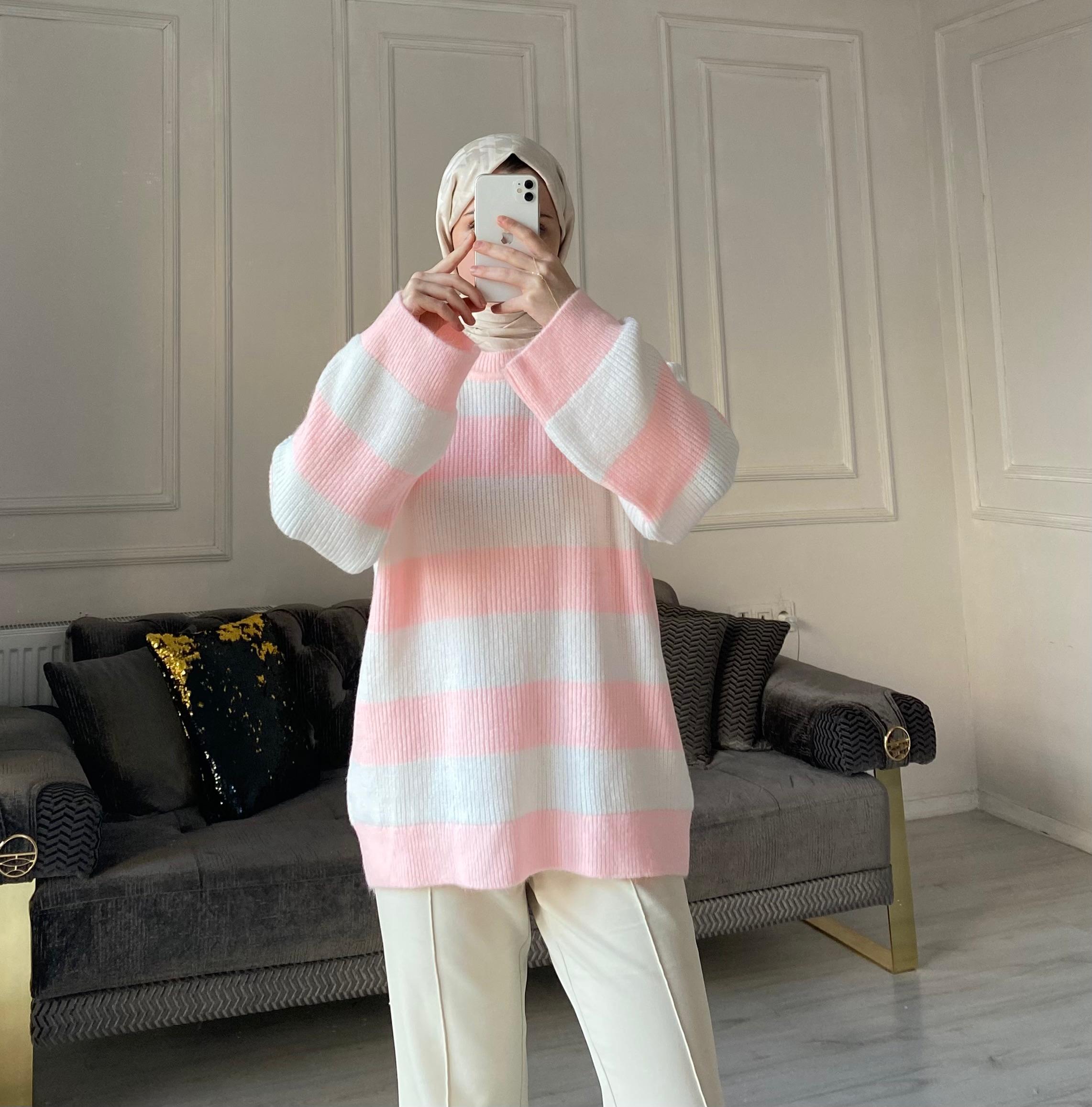 Lola Çizgili Kazak - Toz Pembe