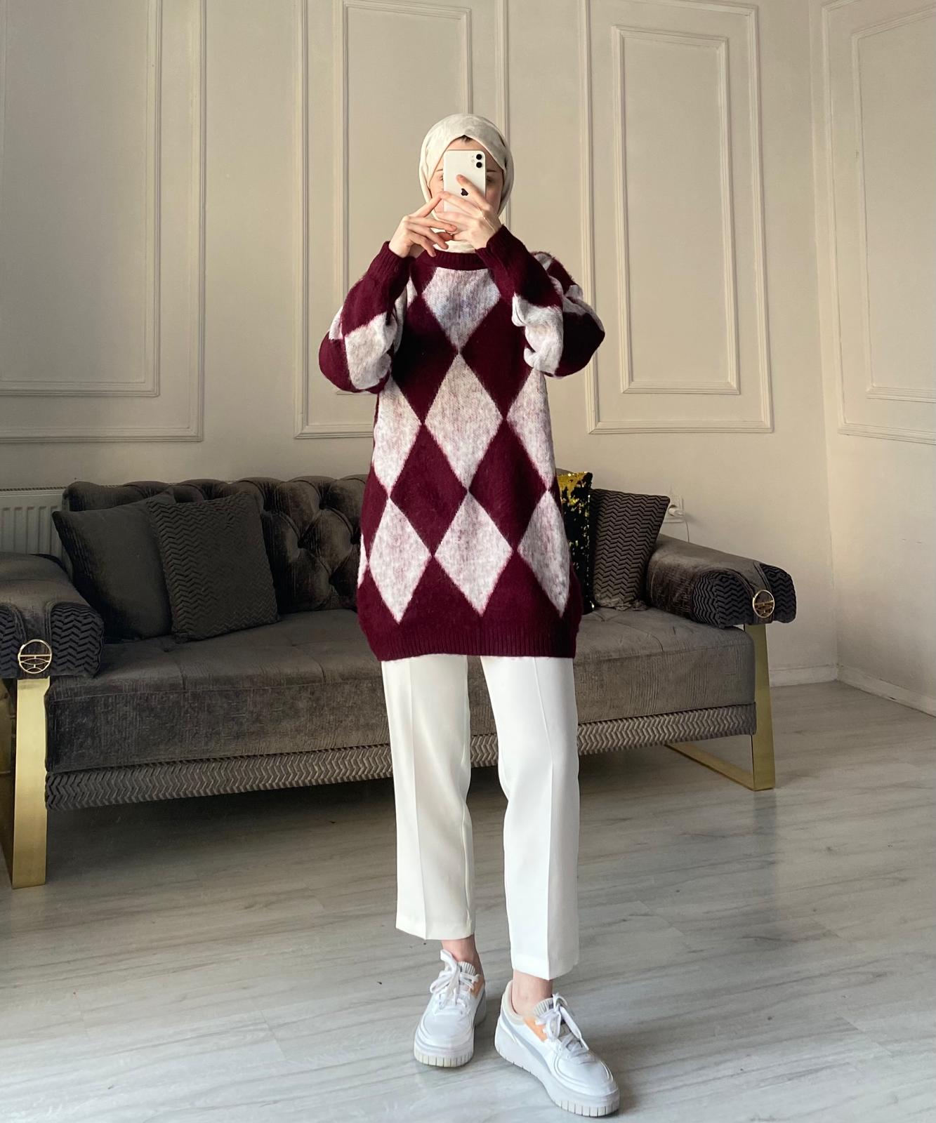 Baklava Desen Premium Kalite Kazak - Bordo