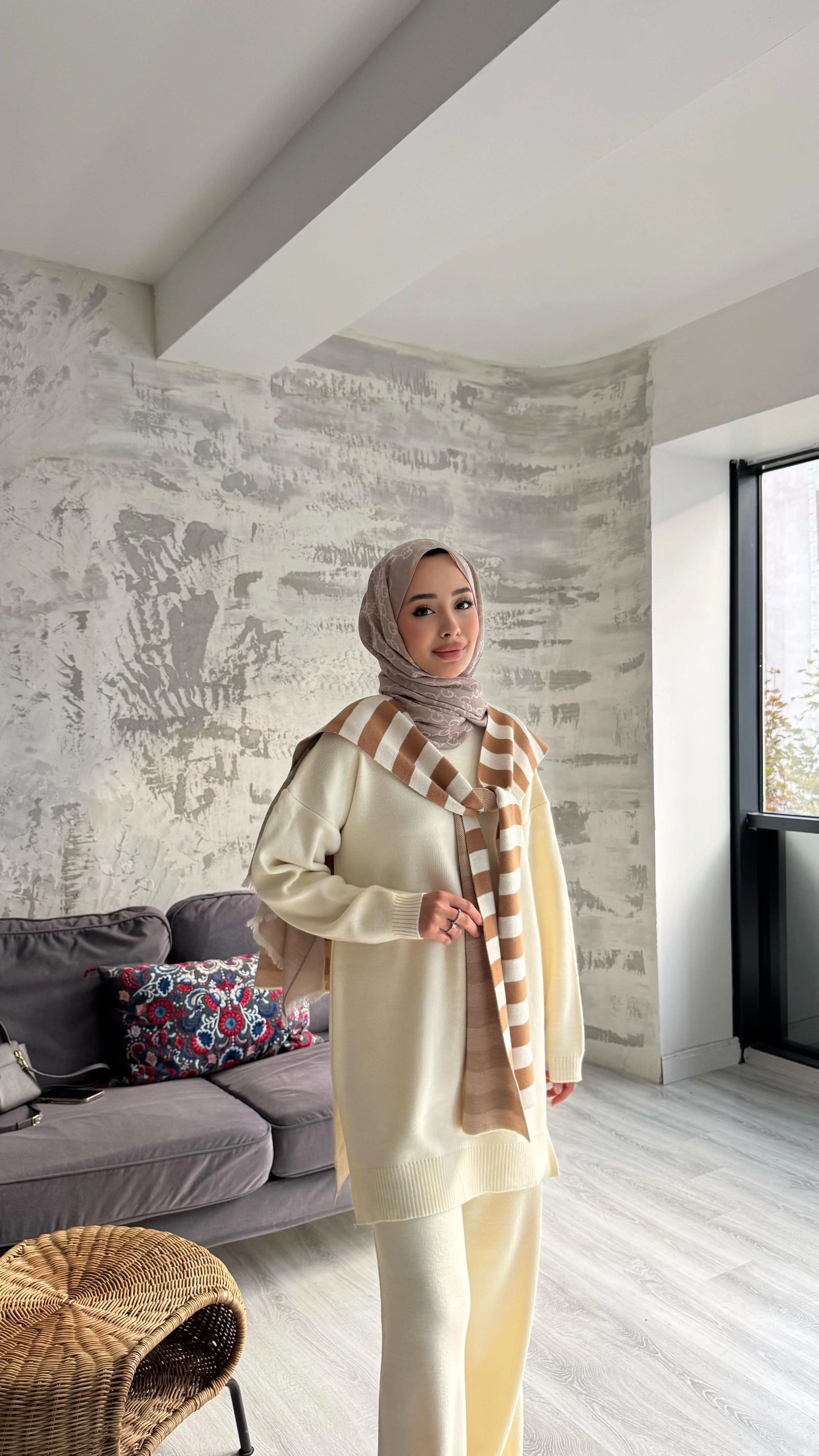 Atkılı Triko Üçlü Takım - Ekru