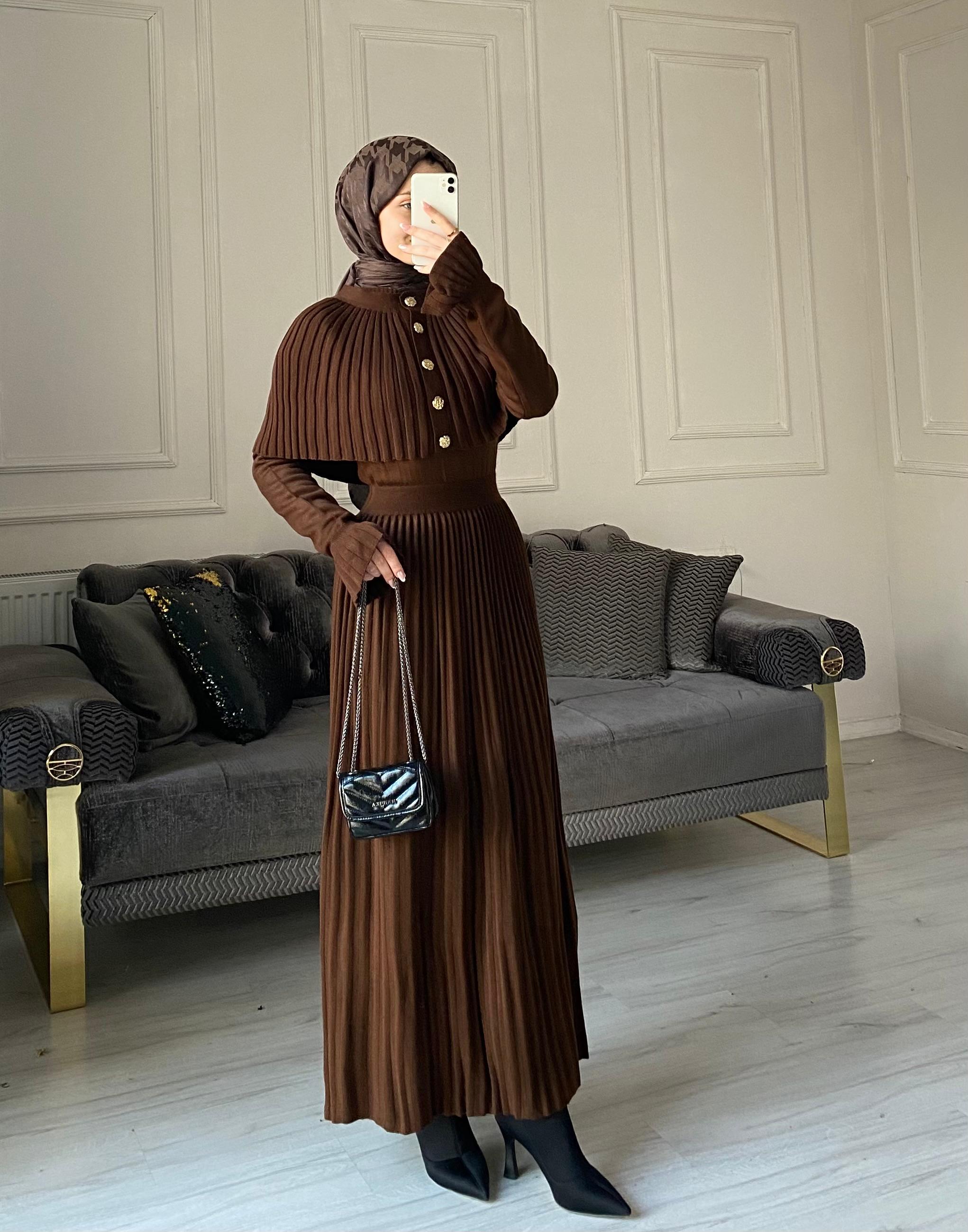 Seyran Kelebek Piliseli Elbise - Kahve