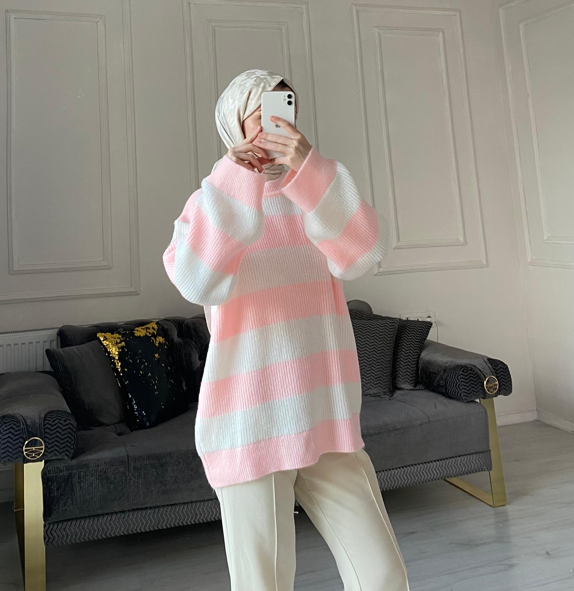 Lola Çizgili Kazak - Toz Pembe