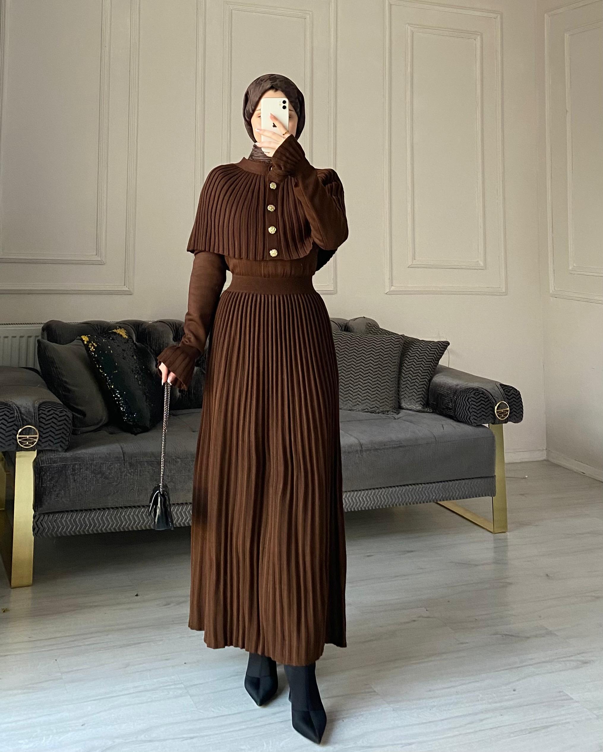 Seyran Kelebek Piliseli Elbise - Kahve