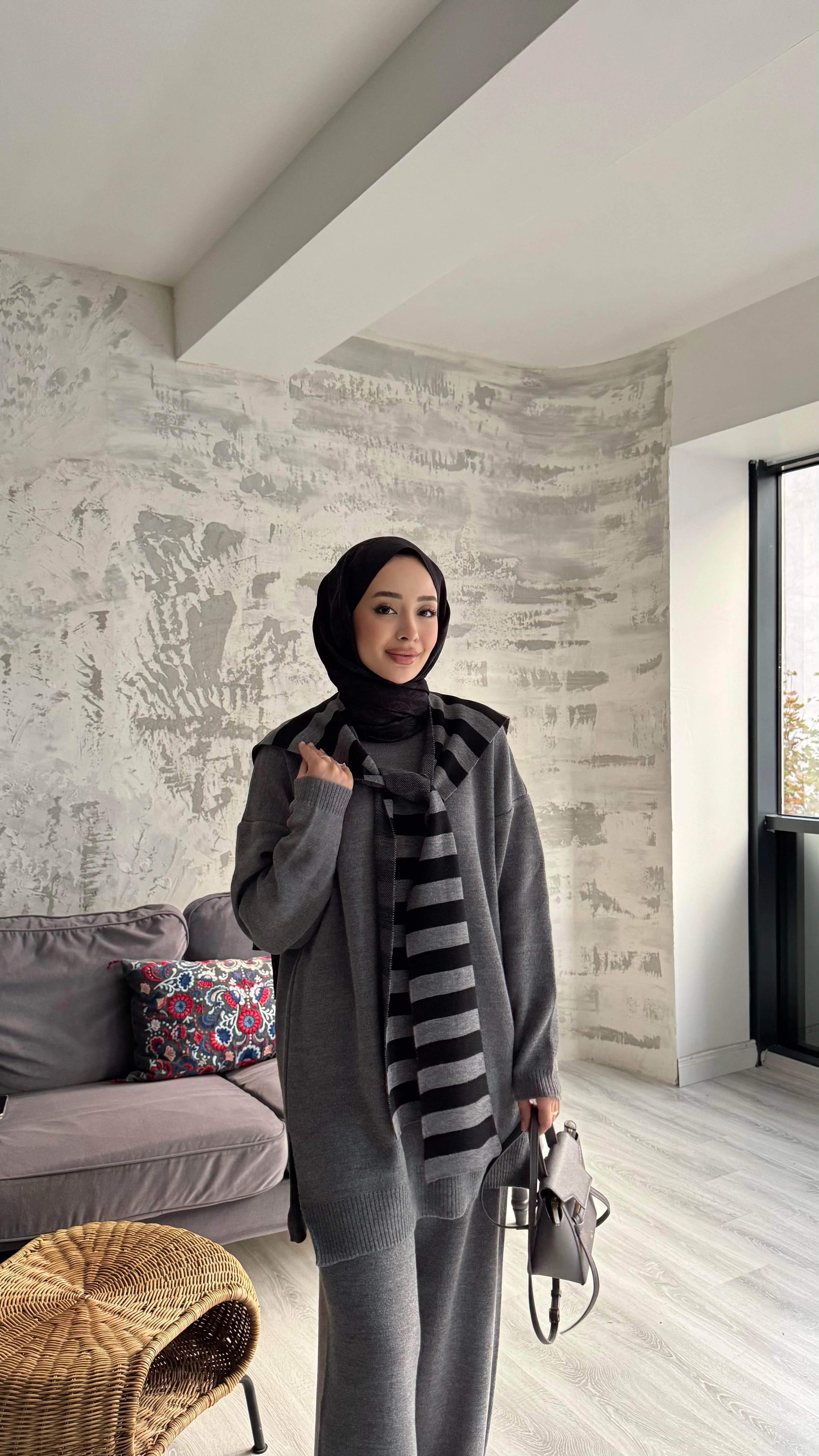 Atkılı Triko Üçlü Takım - Antrasit