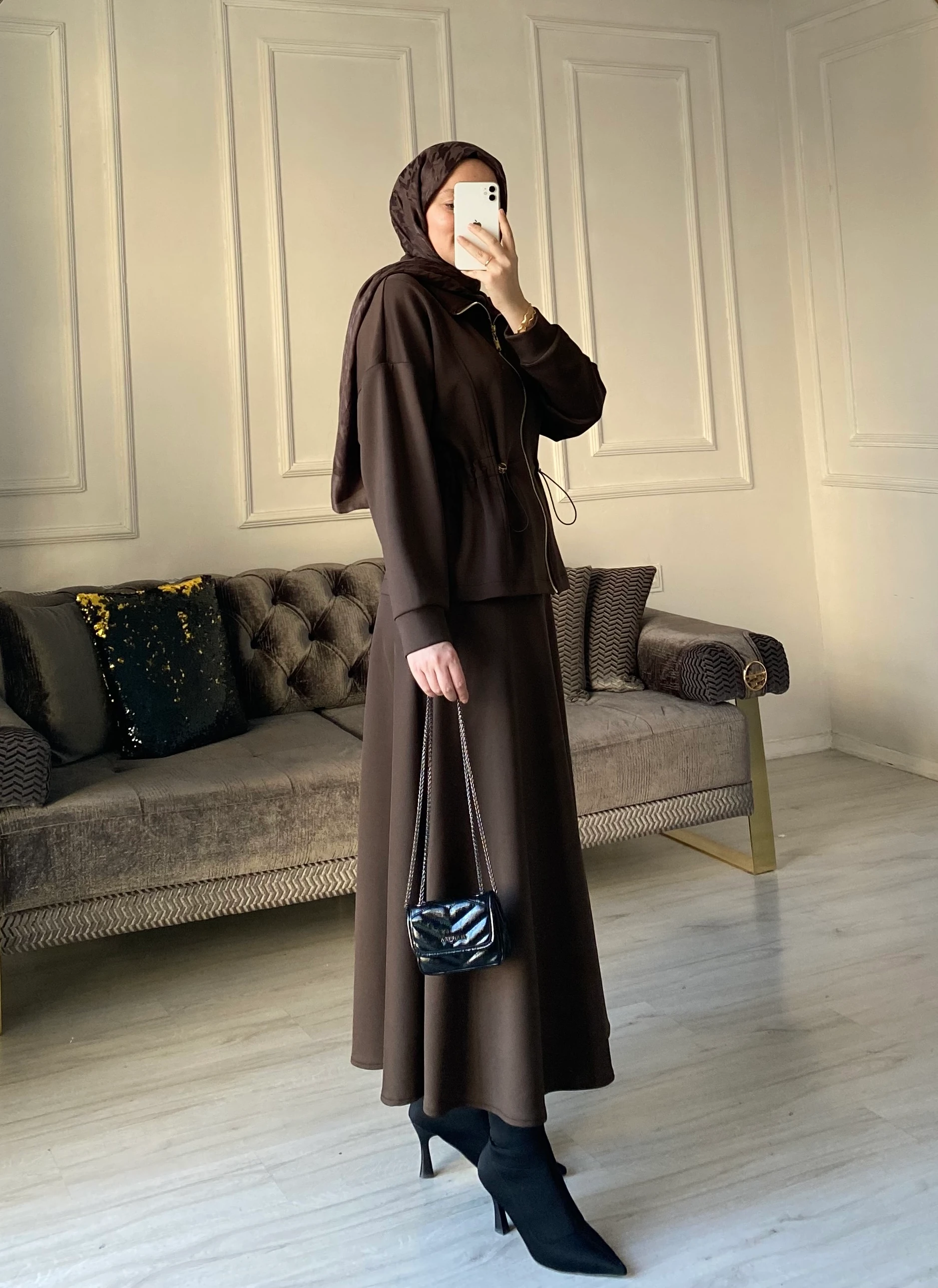 Leyla Scuba Etekli Takım - Kahve