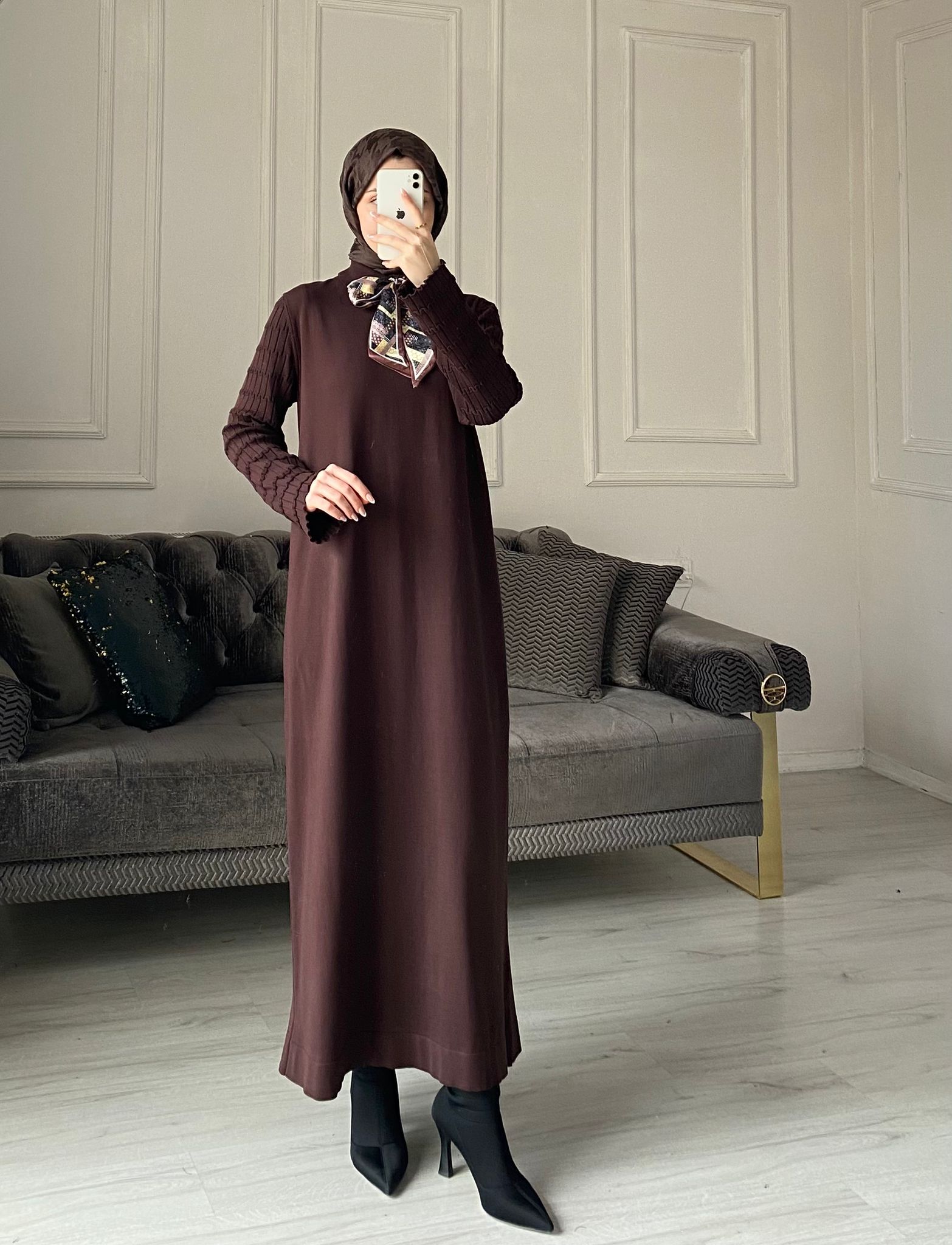 Lima Fular Detaylı Elbise - Kahve