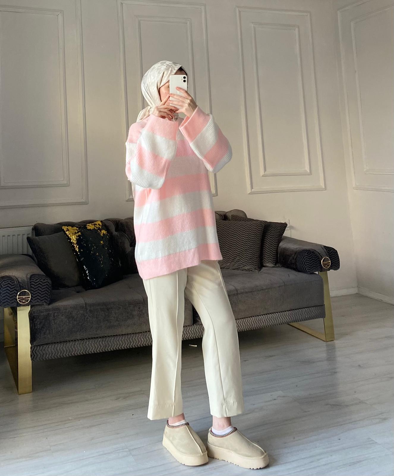 Lola Çizgili Kazak - Toz Pembe