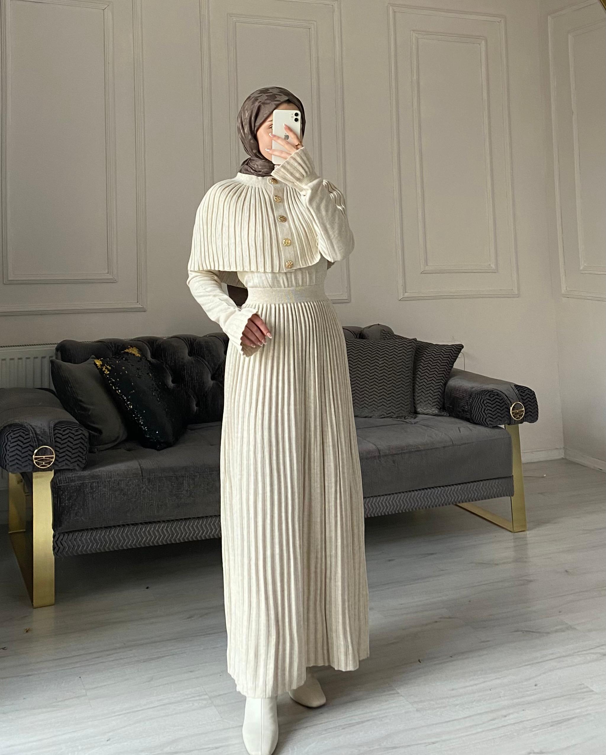 Seyran Kelebek Piliseli Elbise - Taş