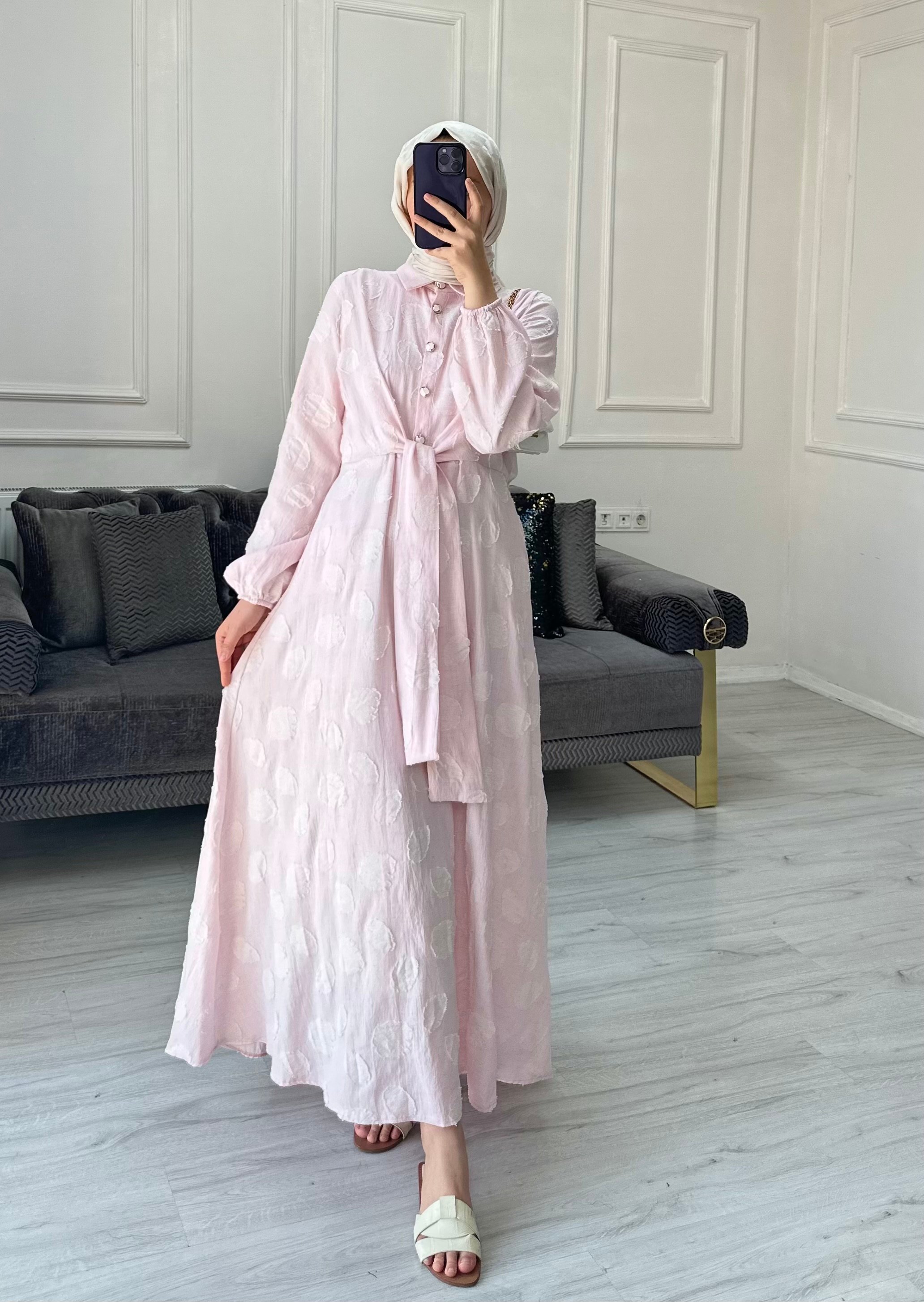 Özel Tasarım Keten Elbise - Pembe
