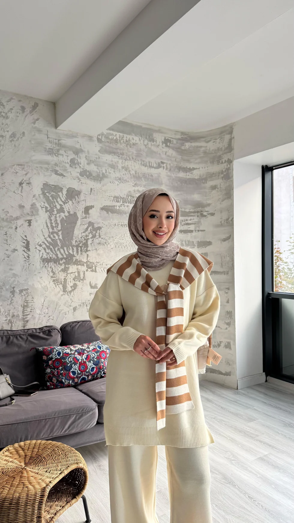 Atkılı Triko Üçlü Takım - Ekru