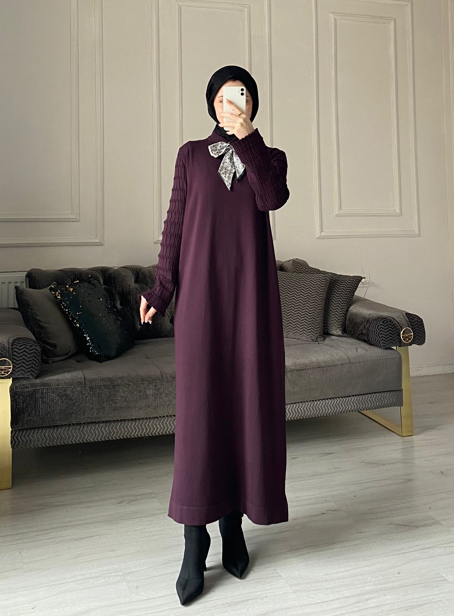 Lima Fular Detaylı Elbise - Mürdüm