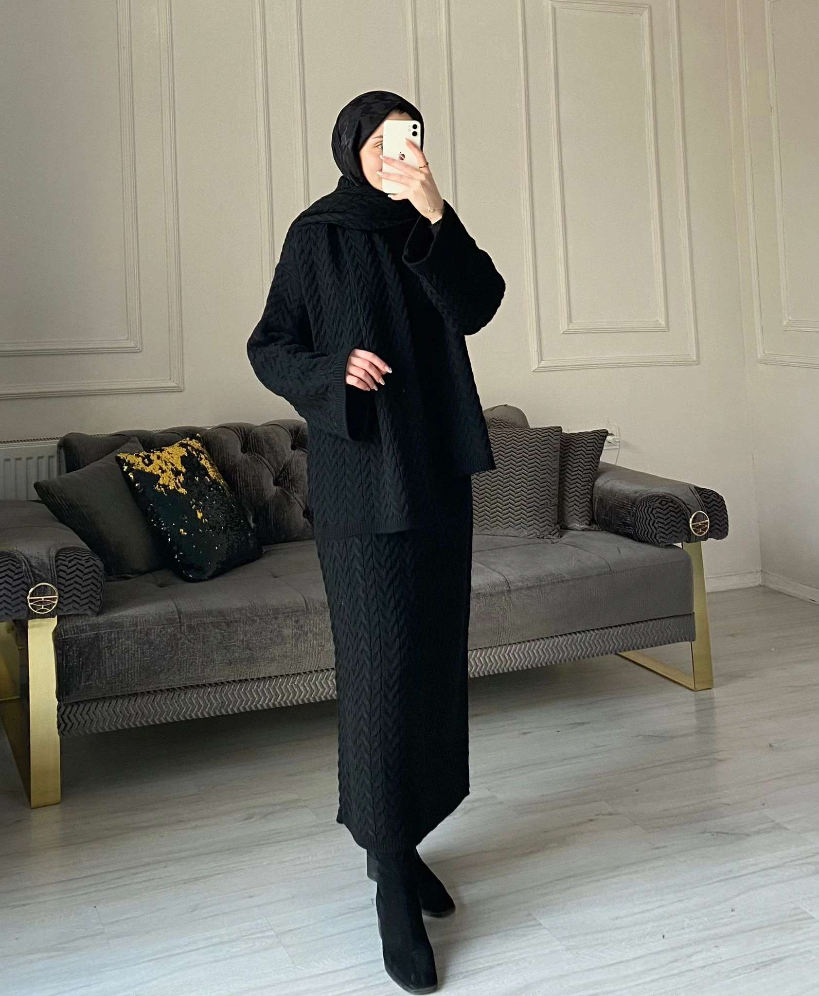 Kamilla Atkılı Triko Takım - Siyah