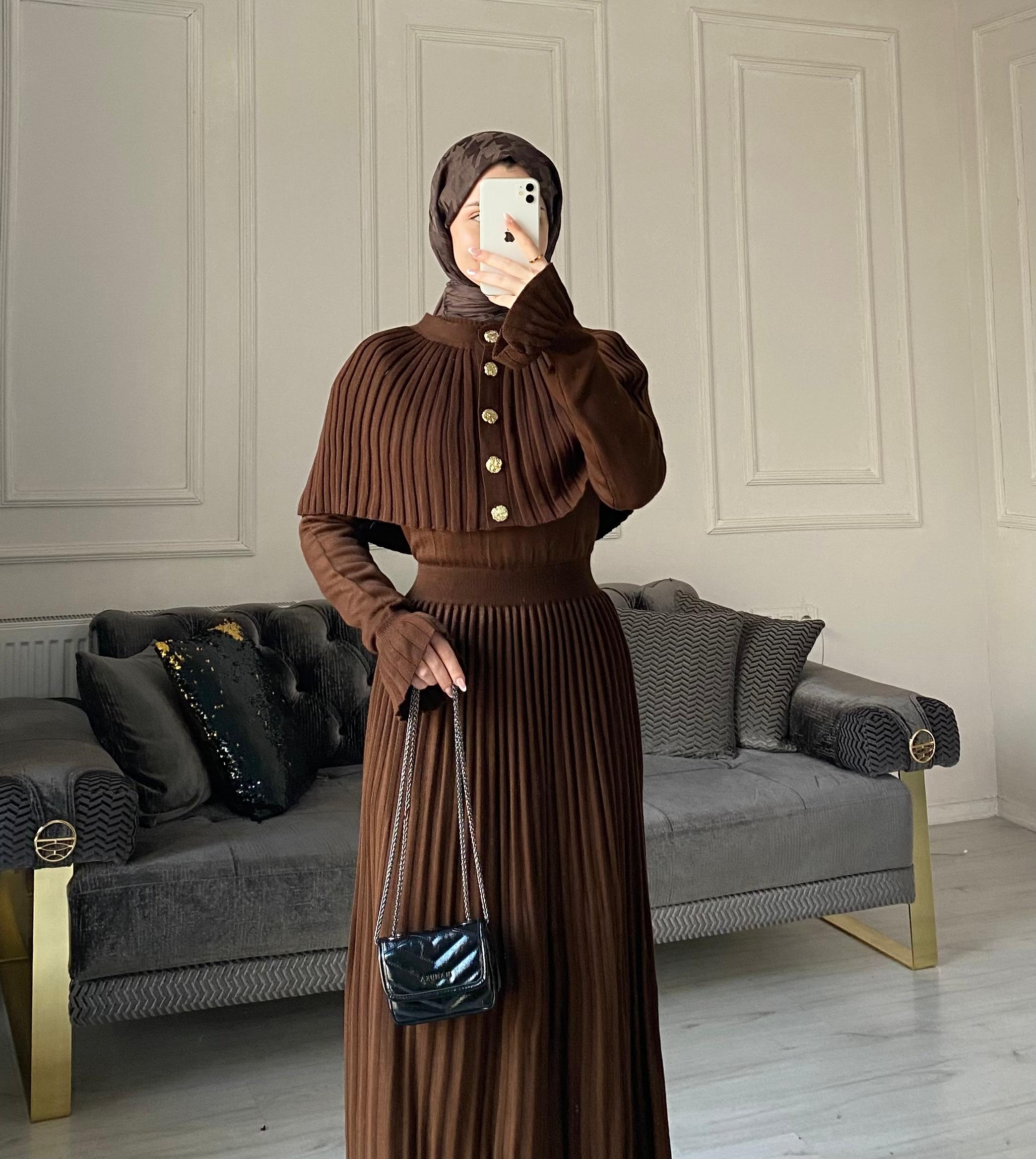 Seyran Kelebek Piliseli Elbise - Kahve