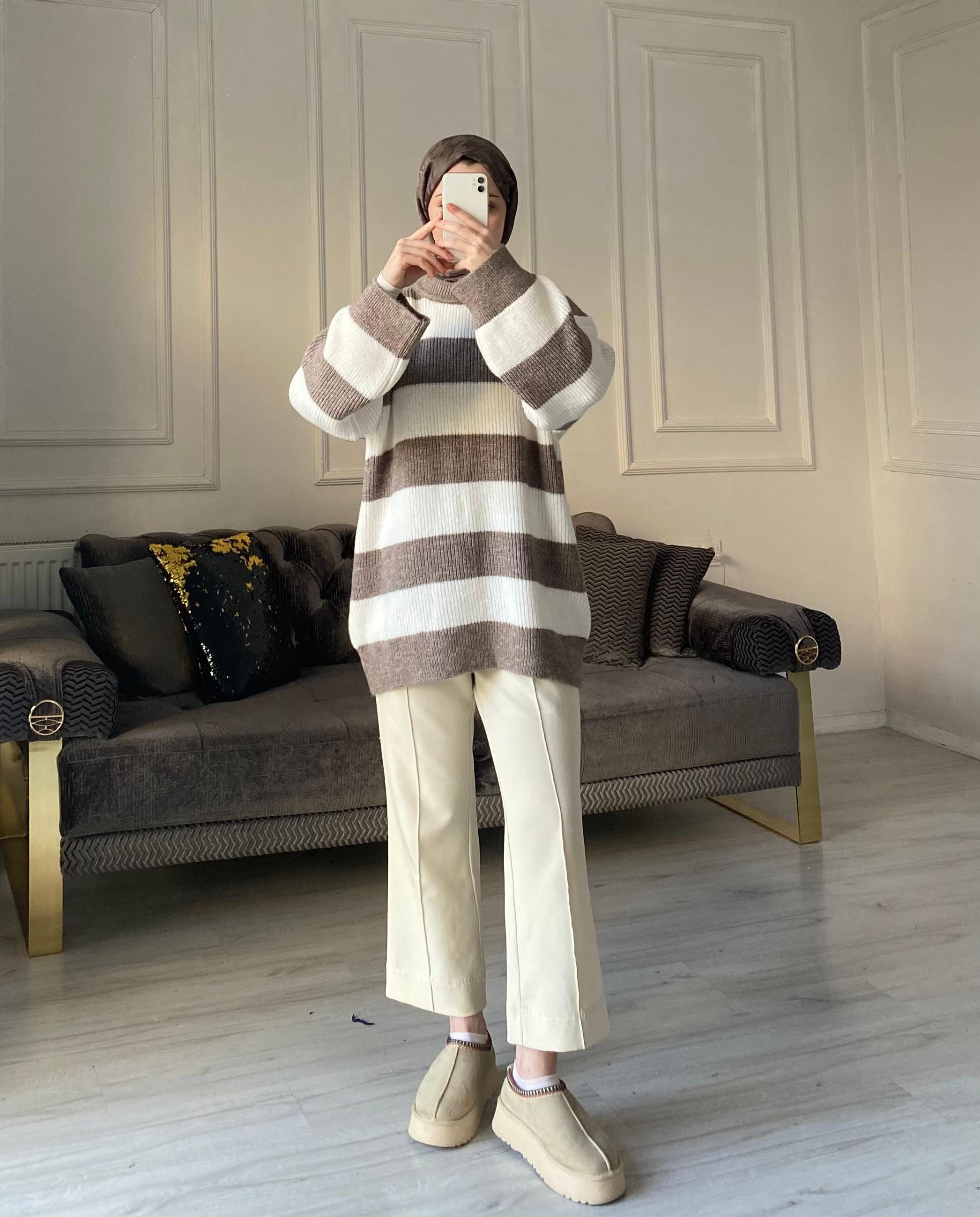 Lola Çizgili Kazak - Vizon