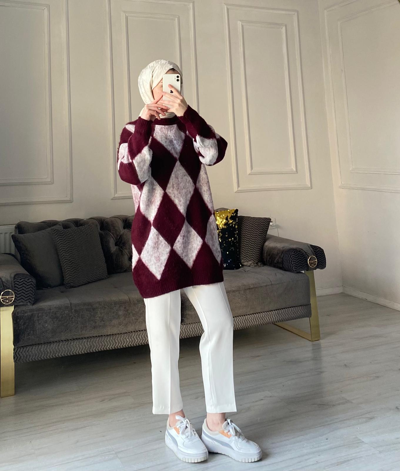 Baklava Desen Premium Kalite Kazak - Bordo