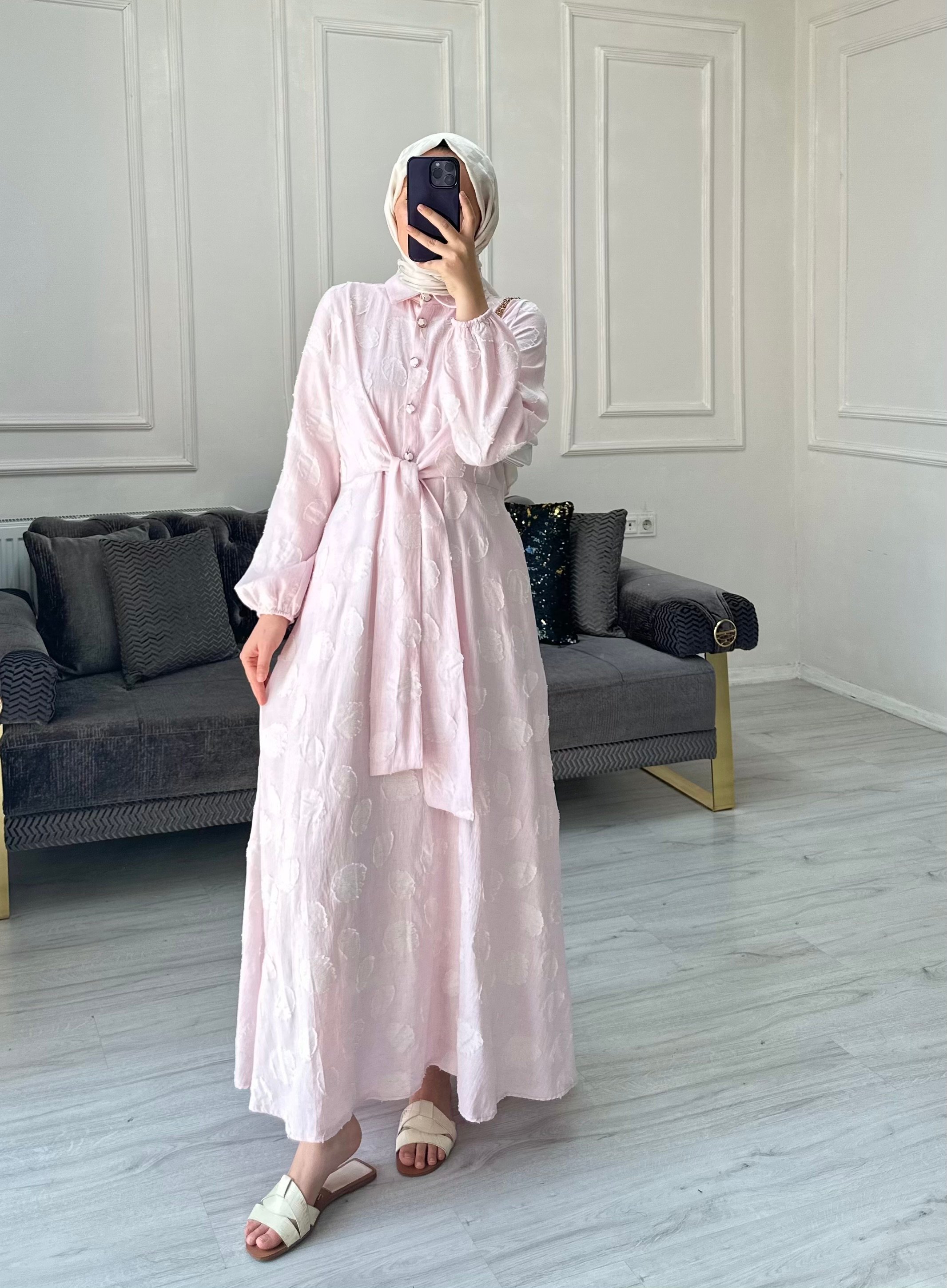 Özel Tasarım Keten Elbise - Pembe