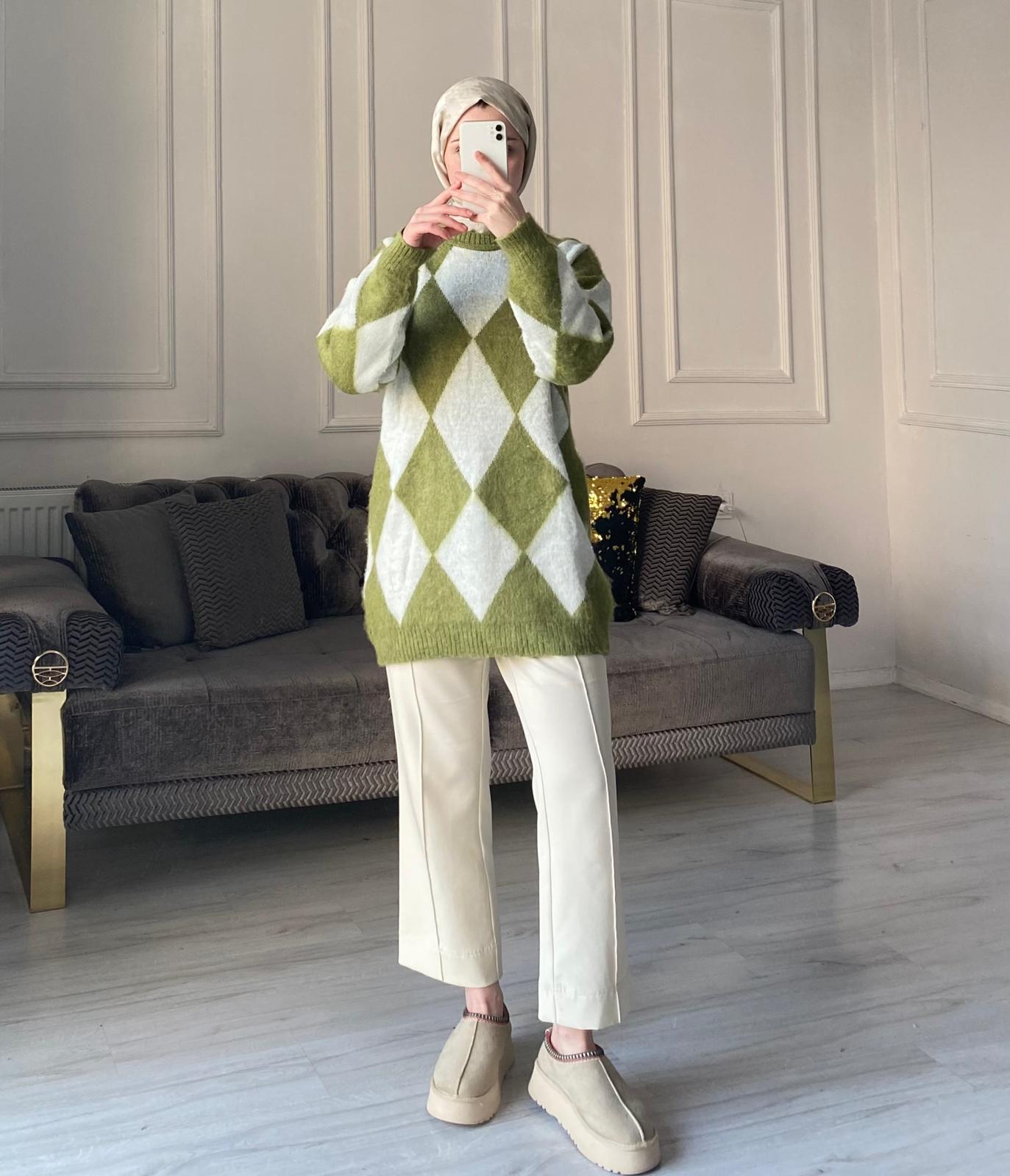 Baklava Desen Premium Kalite Kazak - Haki