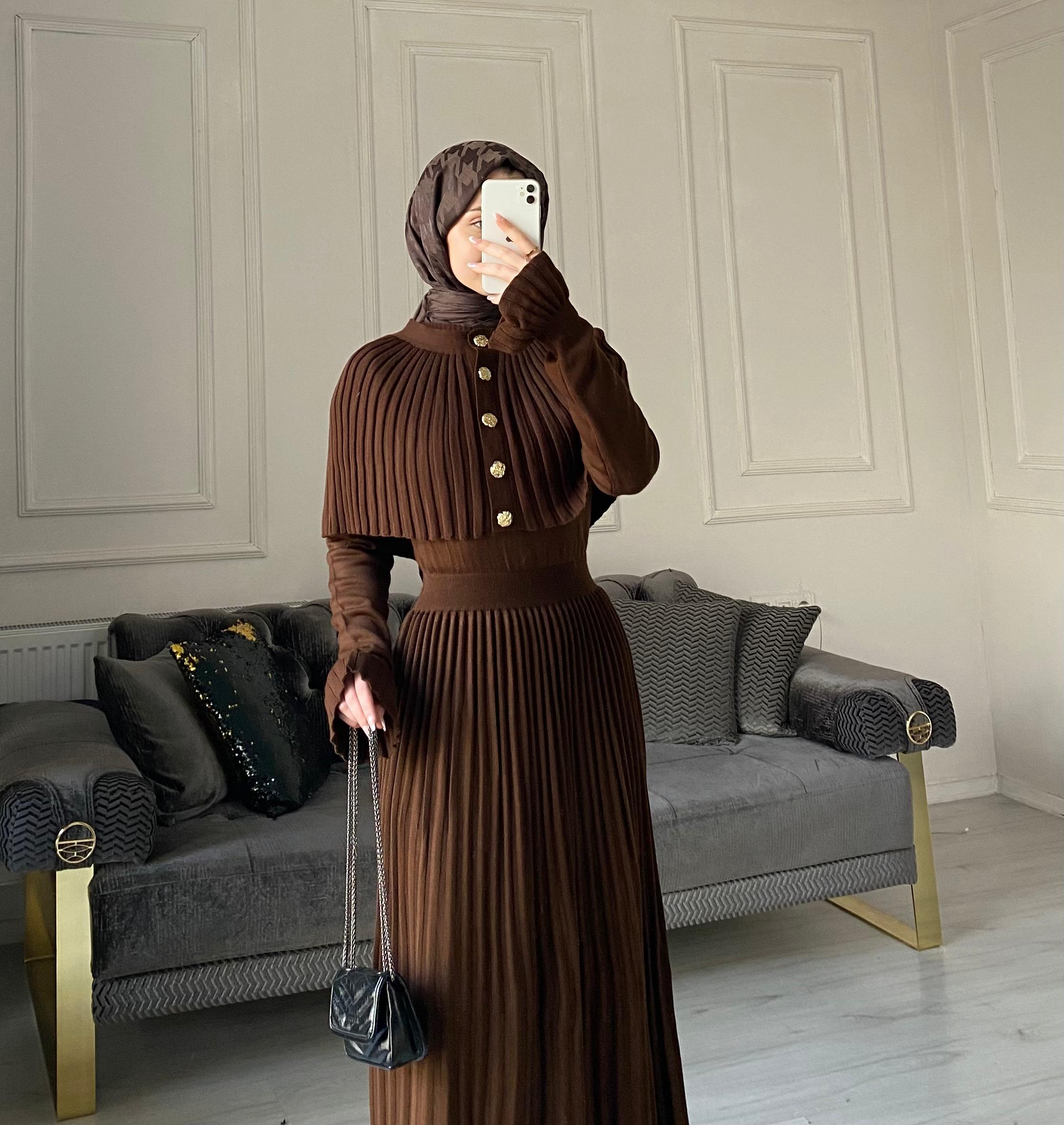 Seyran Kelebek Piliseli Elbise - Kahve