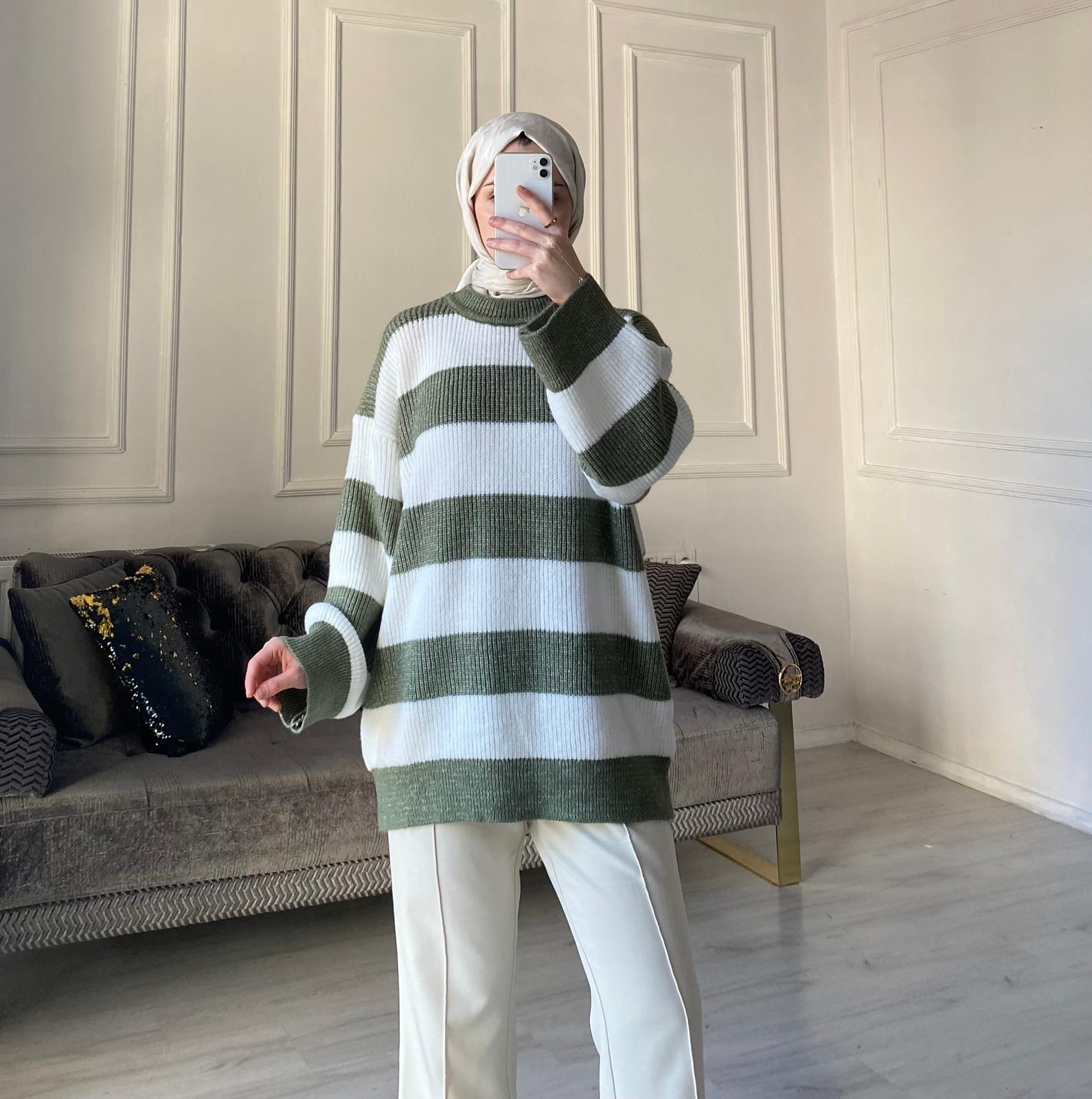 Lola Çizgili Kazak - Haki