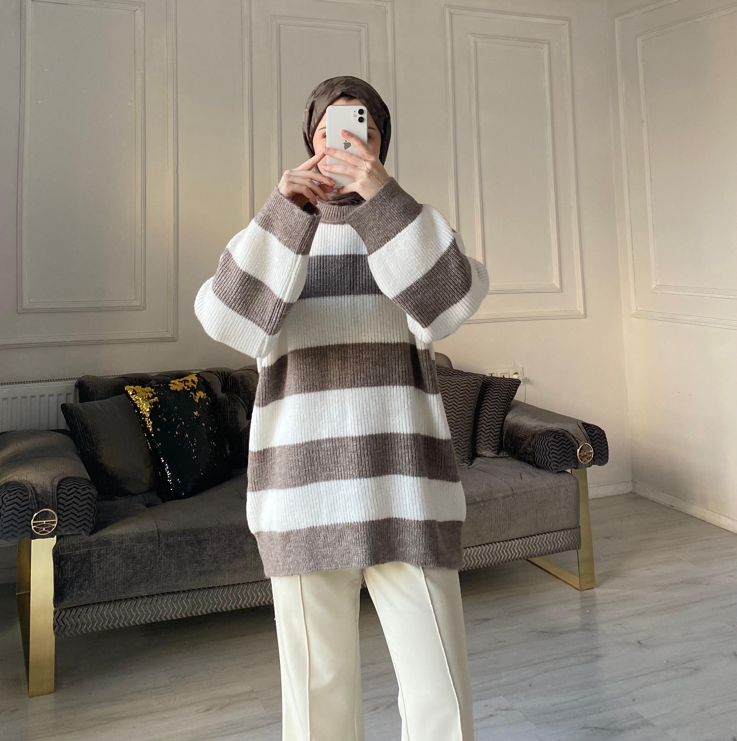 Lola Çizgili Kazak - Vizon