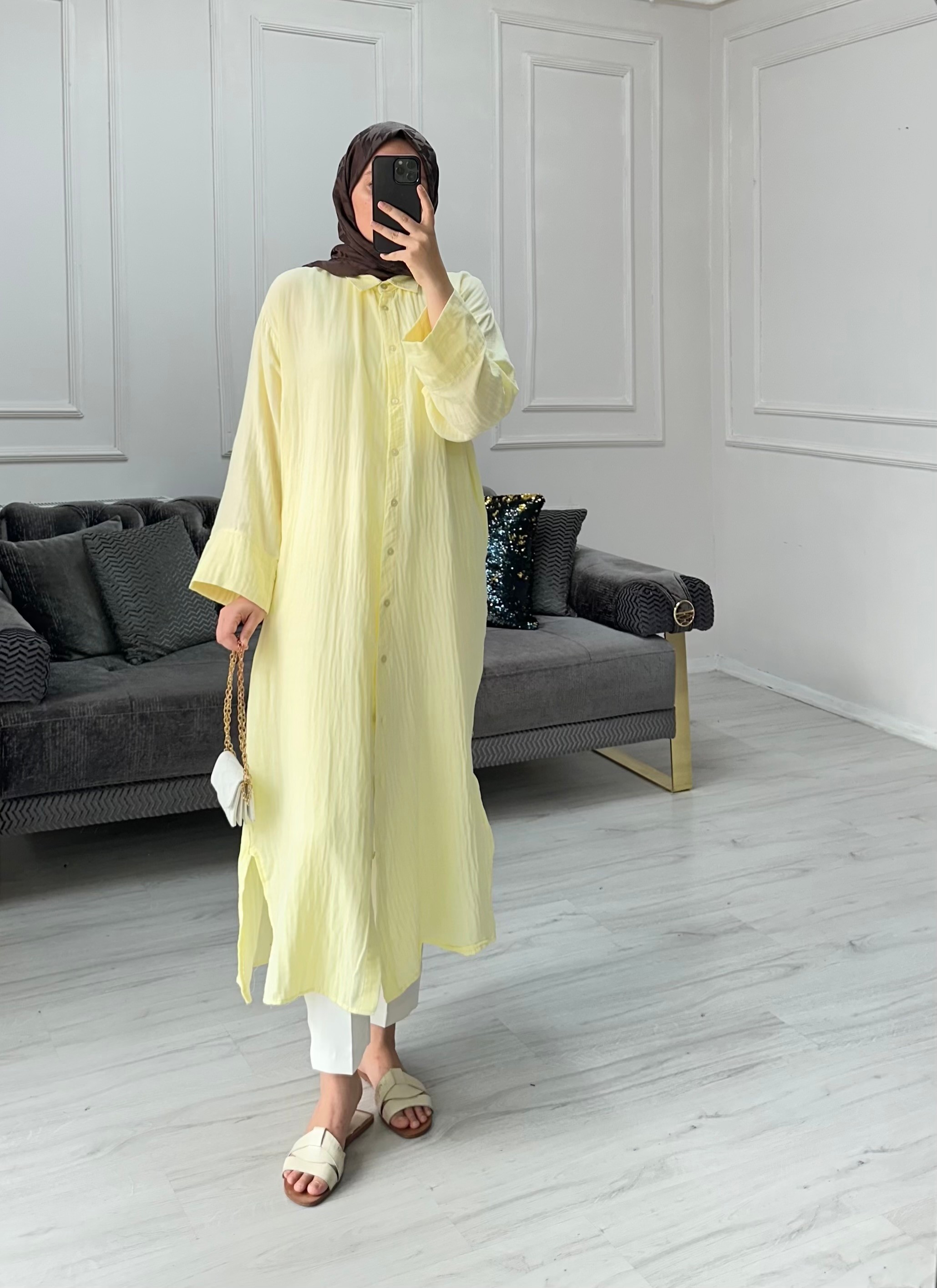 Uzun Müslin Gömlek - Butter Yellow