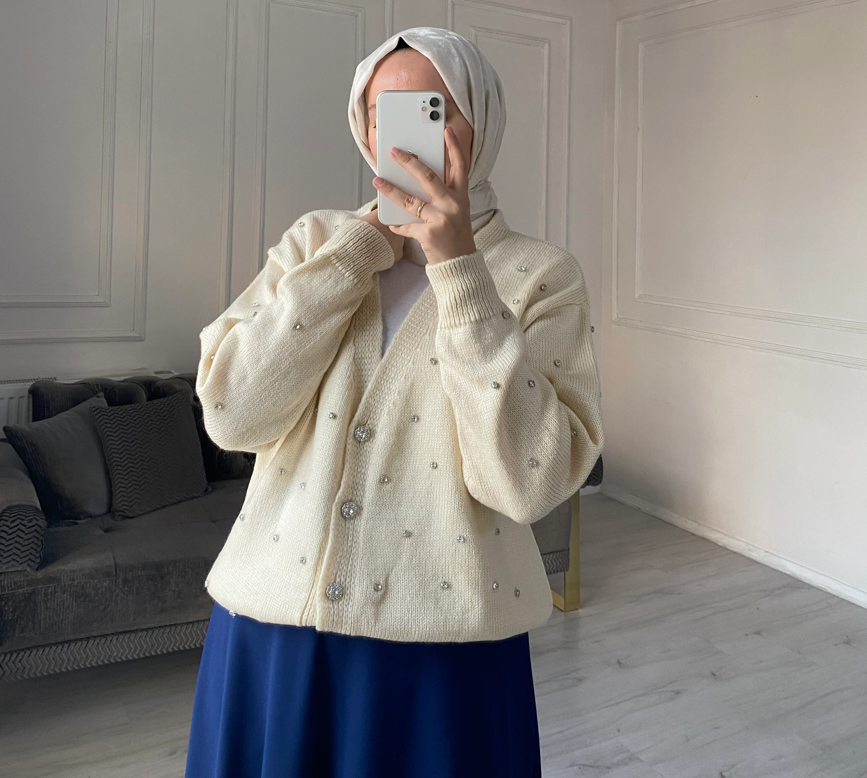 Tiana Taşlı Triko Hırka - Ekru