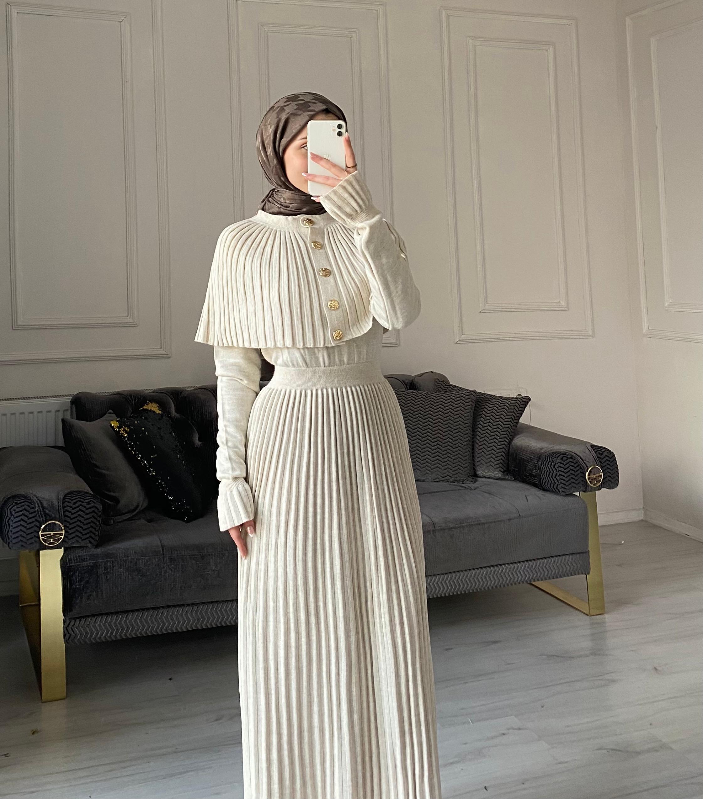 Seyran Kelebek Piliseli Elbise - Taş