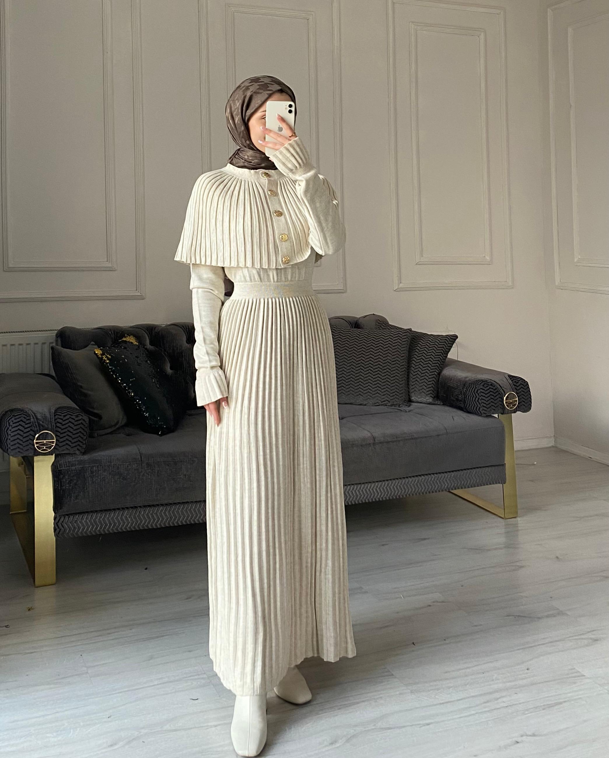 Seyran Kelebek Piliseli Elbise - Taş