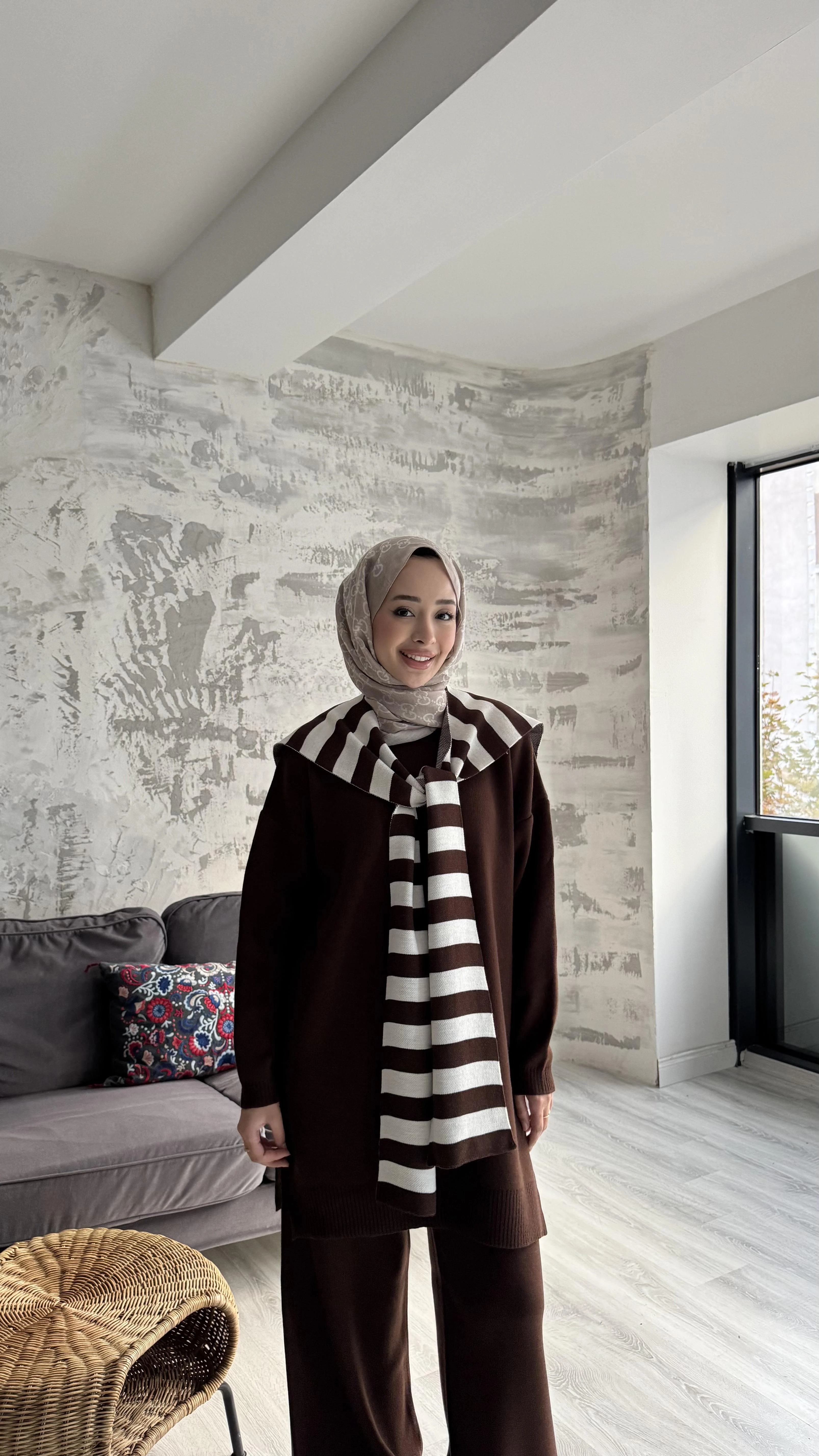 Atkılı Triko Üçlü Takım - Acı Kahve