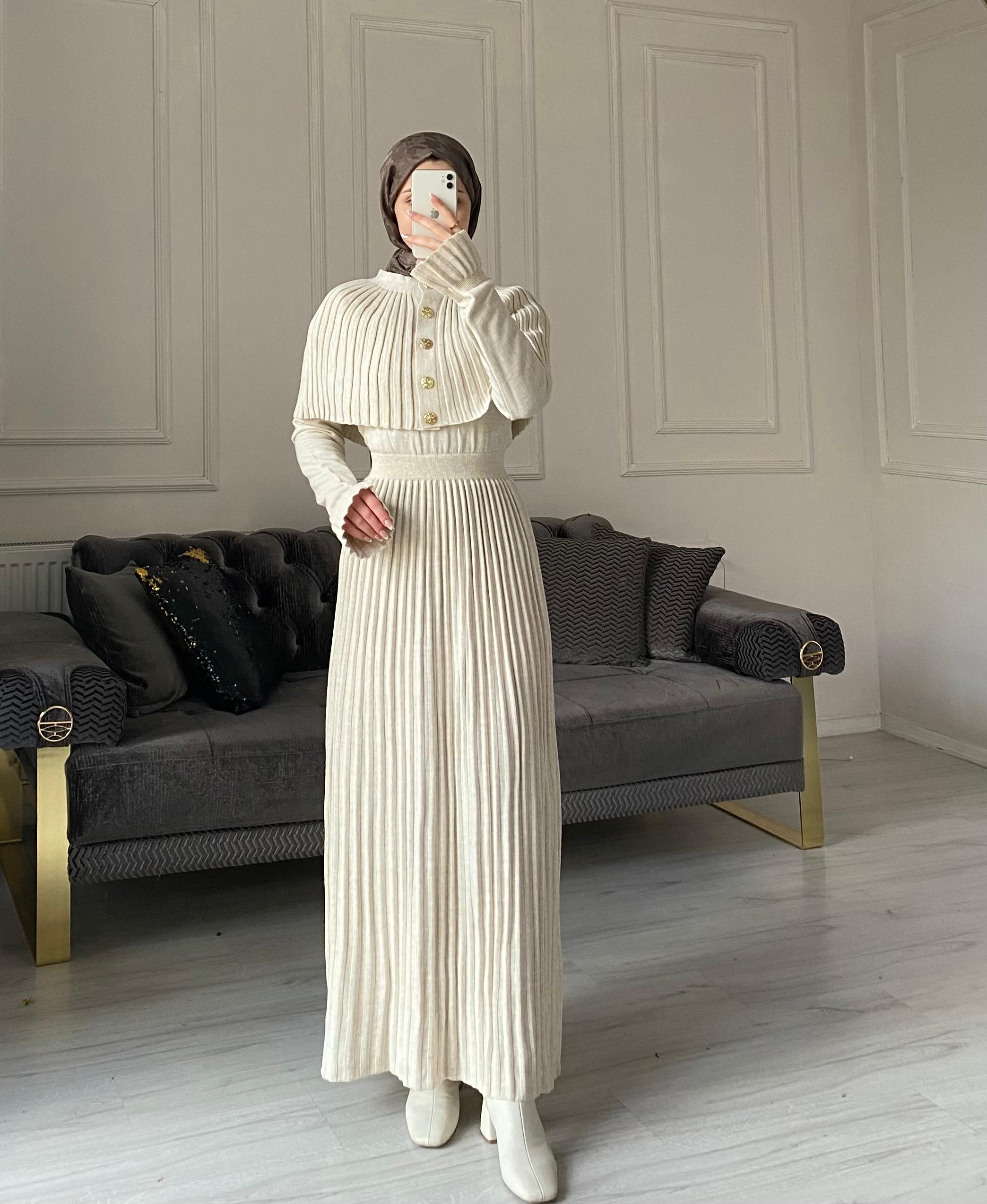 Seyran Kelebek Piliseli Elbise - Taş