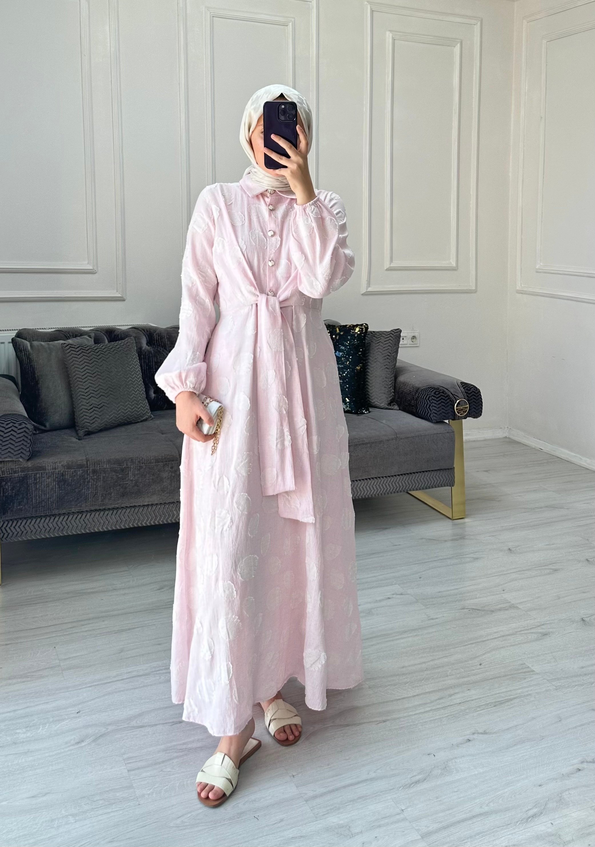 Özel Tasarım Keten Elbise - Pembe