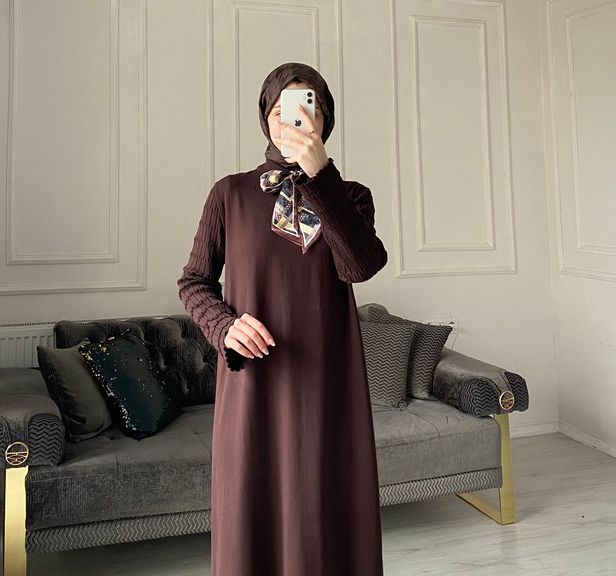Lima Fular Detaylı Elbise - Kahve