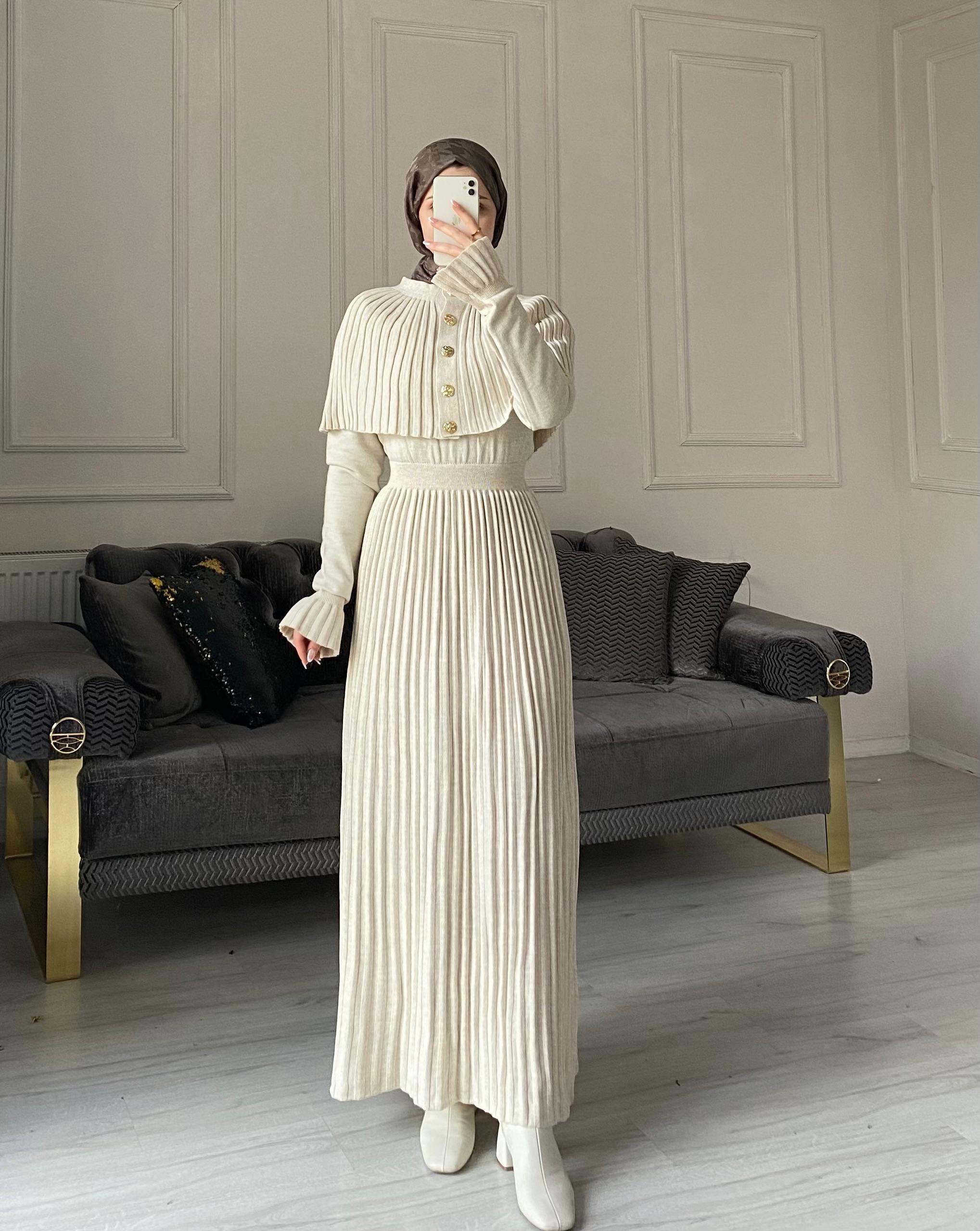 Seyran Kelebek Piliseli Elbise - Taş