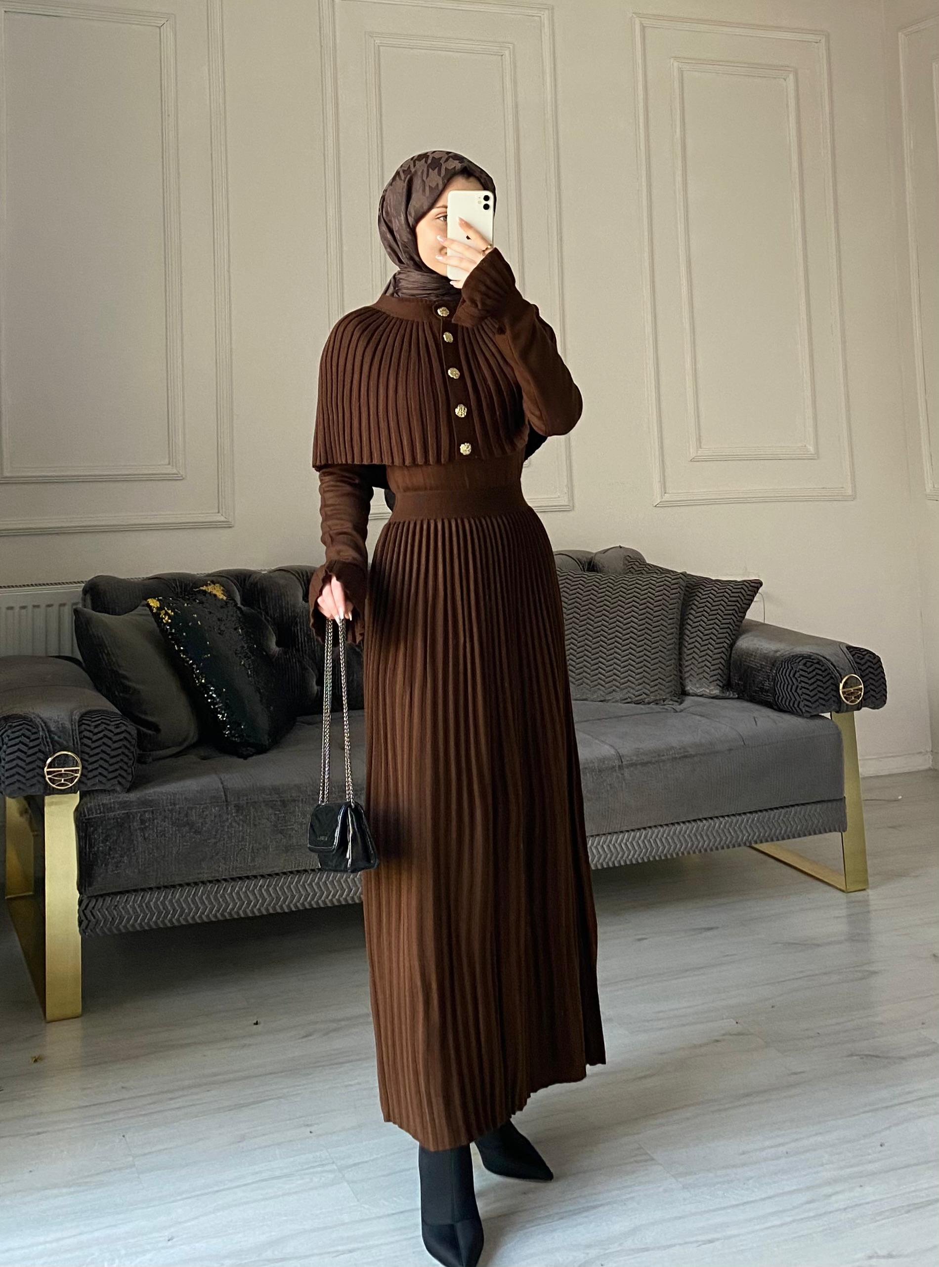 Seyran Kelebek Piliseli Elbise - Kahve