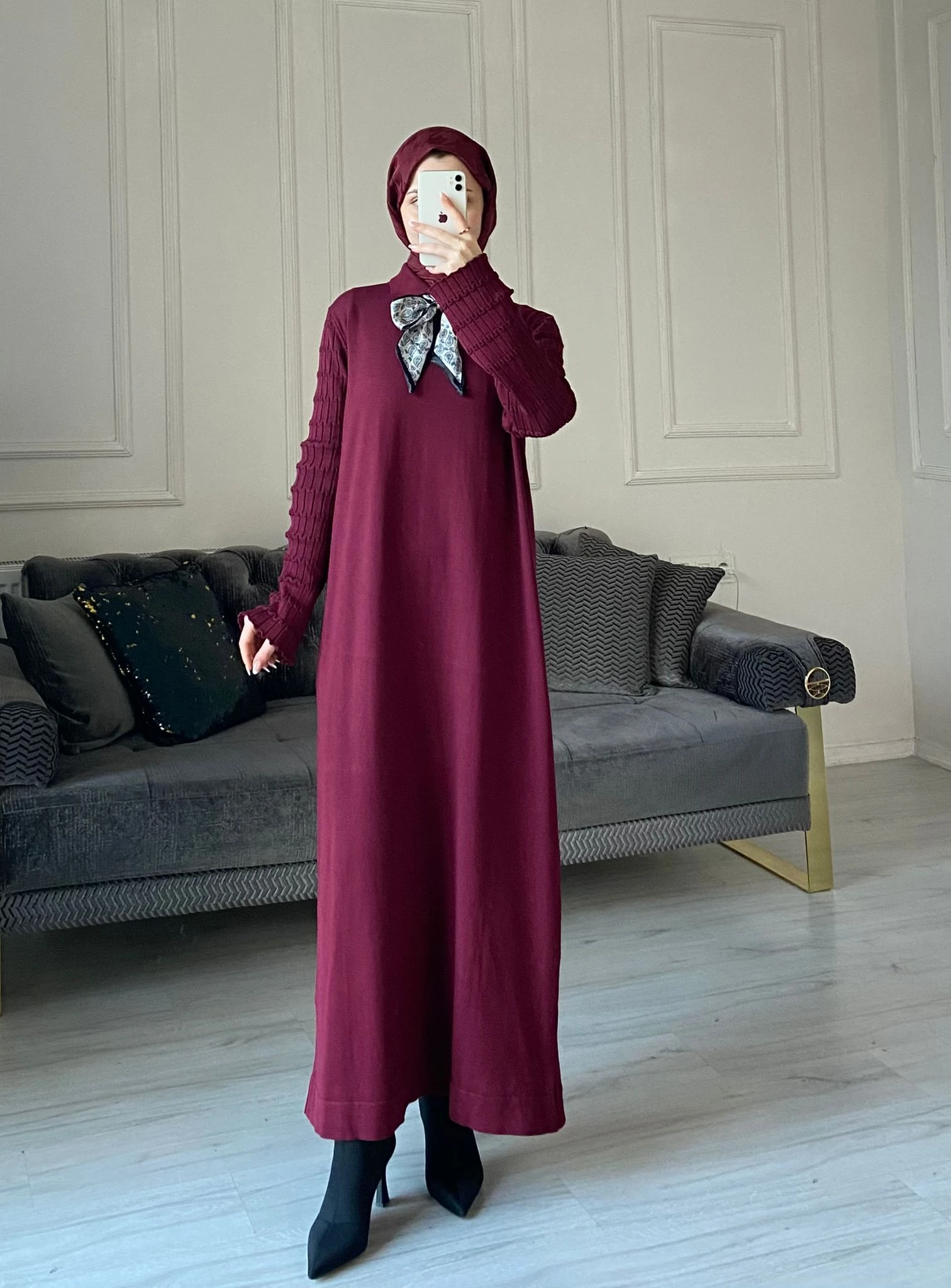 Lima Fular Detaylı Elbise - Bordo