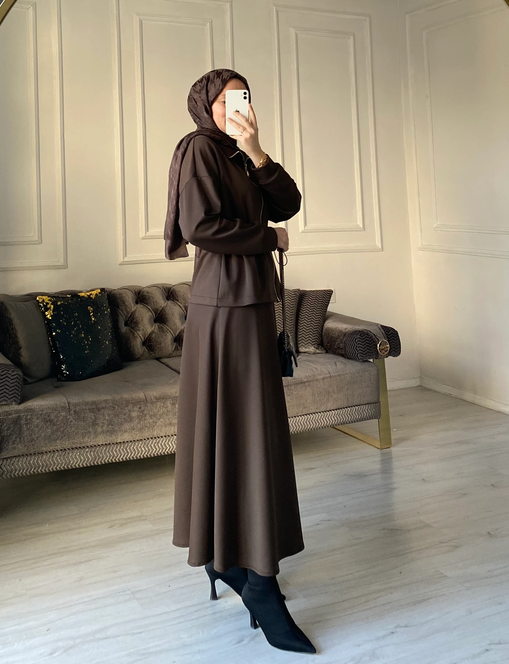 Leyla Scuba Etekli Takım - Kahve